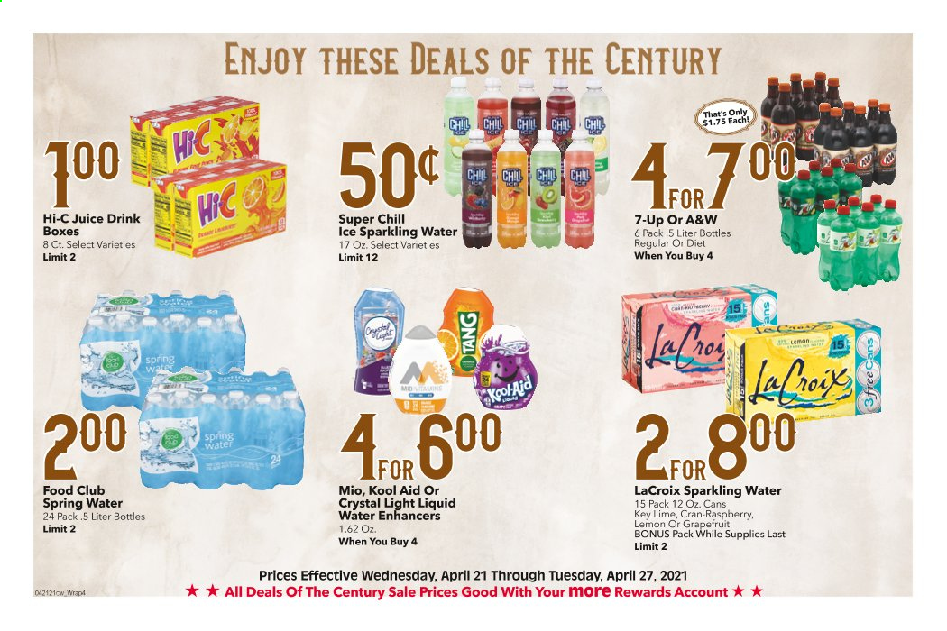 thumbnail - Cash Wise Flyer - 04/21/2021 - 04/27/2021 - Sales products - grapefruits, juice, Hi-c, 7UP, A&W, spring water, sparkling water. Page 14.