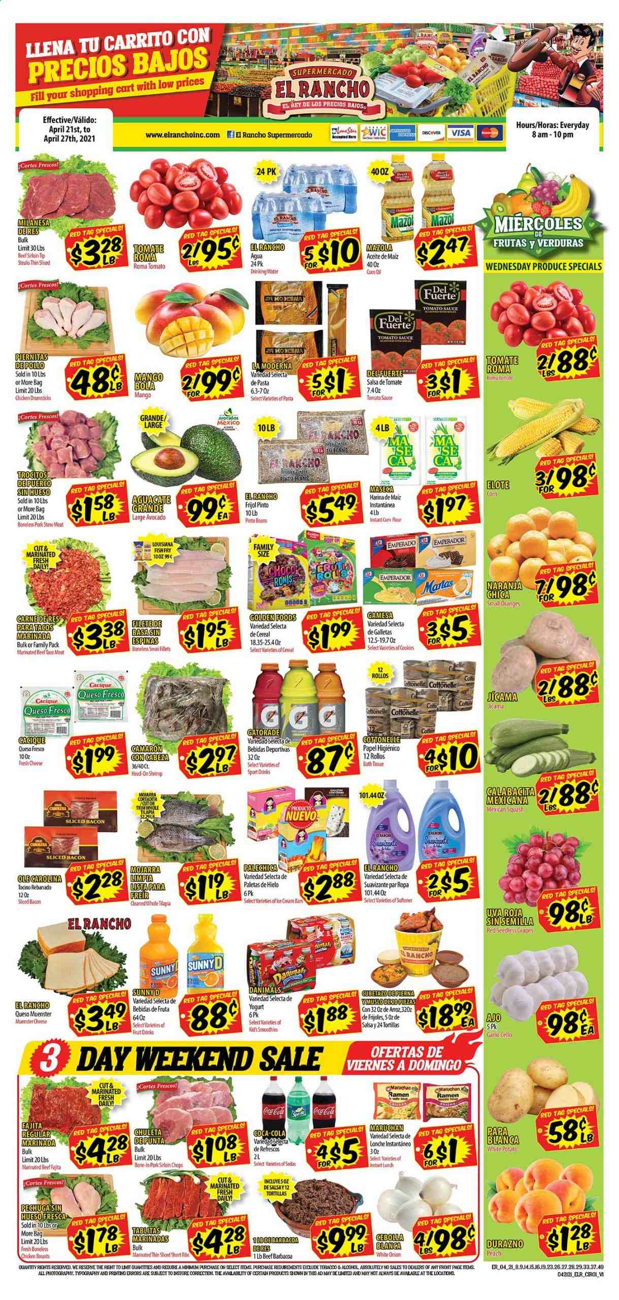 thumbnail - El Rancho Flyer - 04/21/2021 - 04/27/2021 - Sales products - stew meat, jicama, seedless grapes, tortillas, beans, corn, garlic, tomatoes, mexican squash, avocado, grapes, mango, oranges, tilapia, fish, shrimps, fried fish, ramen, pasta, sauce, fajita, bacon, queso fresco, cheese, Münster cheese, yoghurt, Danimals, ice cream, ice cream bars, cookies, flour, corn flour, tomato sauce, pinto beans, cereals, salsa, Coca-Cola, Gatorade, smoothie, alcohol, chicken breasts, chicken drumsticks, beef meat, beef sirloin, steak, marinated beef, pork loin. Page 1.