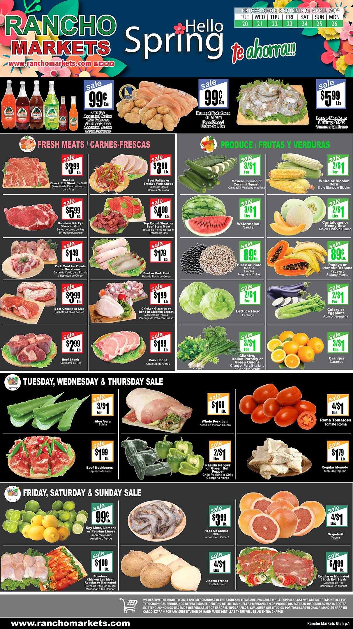 thumbnail - Rancho Markets Flyer - 04/20/2021 - 04/26/2021 - Sales products - stew meat, jicama, tortillas, beans, bell peppers, cantaloupe, corn, russet potatoes, tomatoes, zucchini, potatoes, parsley, lettuce, eggplant, green onion, mexican squash, grapefruits, limes, watermelon, oranges, shrimps, fajita, Mexicano, pinto beans, cilantro, chicken breasts, chicken legs, chicken gizzards, beef meat, beef shank, steak, round steak, chuck steak, ribeye steak, pork chops, pork meat, pork leg, melons, lemons, pasilla. Page 1.