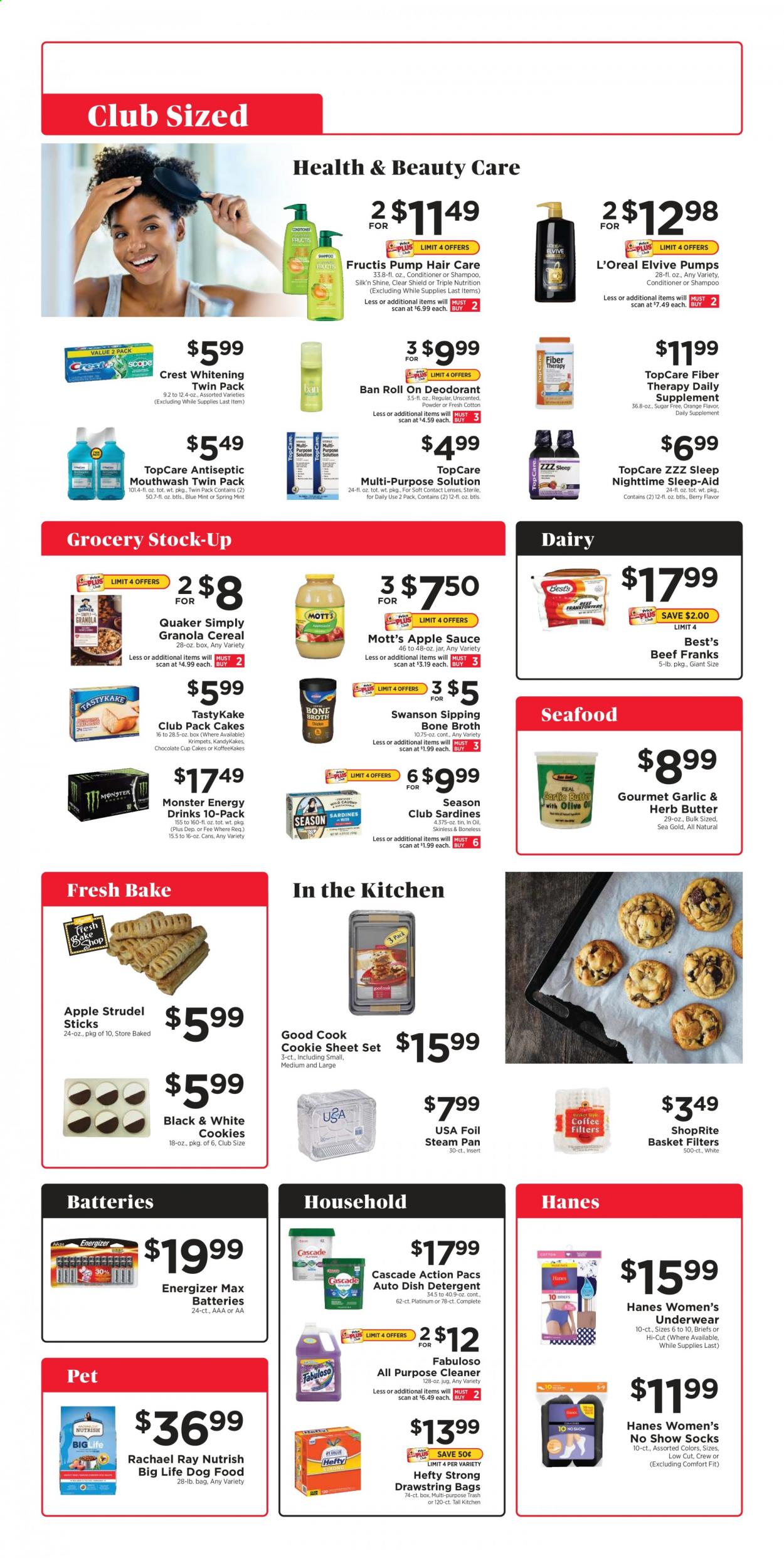 thumbnail - ShopRite Flyer - 04/25/2021 - 05/22/2021 - Sales products - strudel, oranges, Mott's, sardines, seafood, sauce, Quaker, Silk, butter, cookies, chocolate, broth, cereals, granola, apple sauce, energy drink, Monster, Monster Energy, detergent, cleaner, all purpose cleaner, Fabuloso, Cascade, shampoo, mouthwash, Crest, L’Oréal, conditioner, Fructis, anti-perspirant, roll-on, deodorant, Hefty, pan, foil steam pan, battery, Energizer, animal food, dog food, Nutrish, socks. Page 1.
