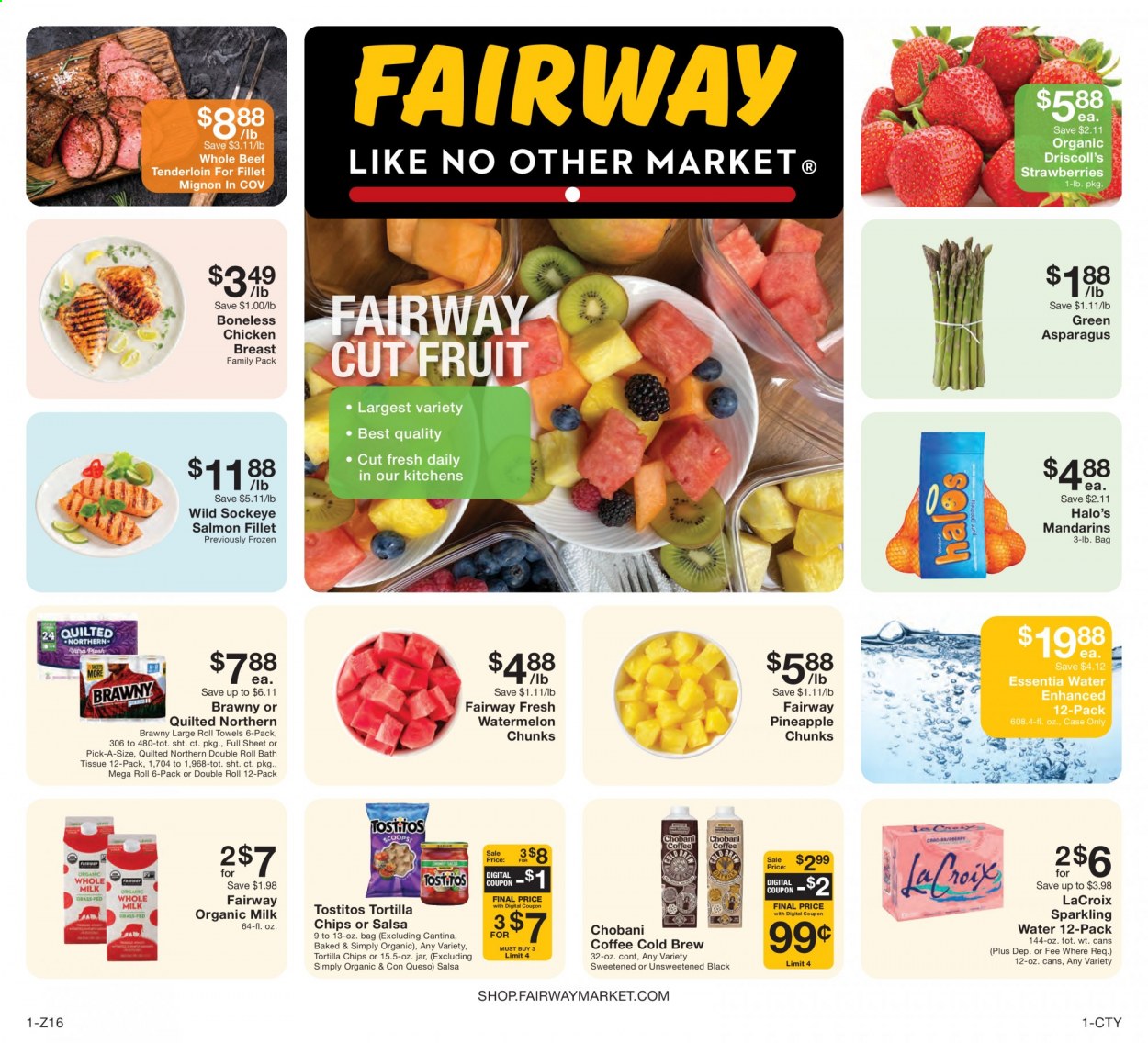thumbnail - Fairway Market Flyer - 04/23/2021 - 04/29/2021 - Sales products - asparagus, mandarines, strawberries, watermelon, salmon, salmon fillet, Chobani, organic milk, tortilla chips, Tostitos, salsa, sparkling water, coffee, chicken breasts, beef meat, beef tenderloin, pineapple. Page 1.