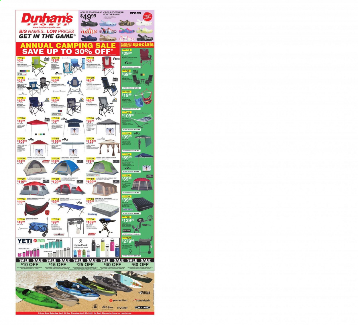thumbnail - Dunham's Sports Flyer - 04/24/2021 - 04/30/2021 - Sales products - Coleman, tent, pellet gun, instant canopy. Page 1.