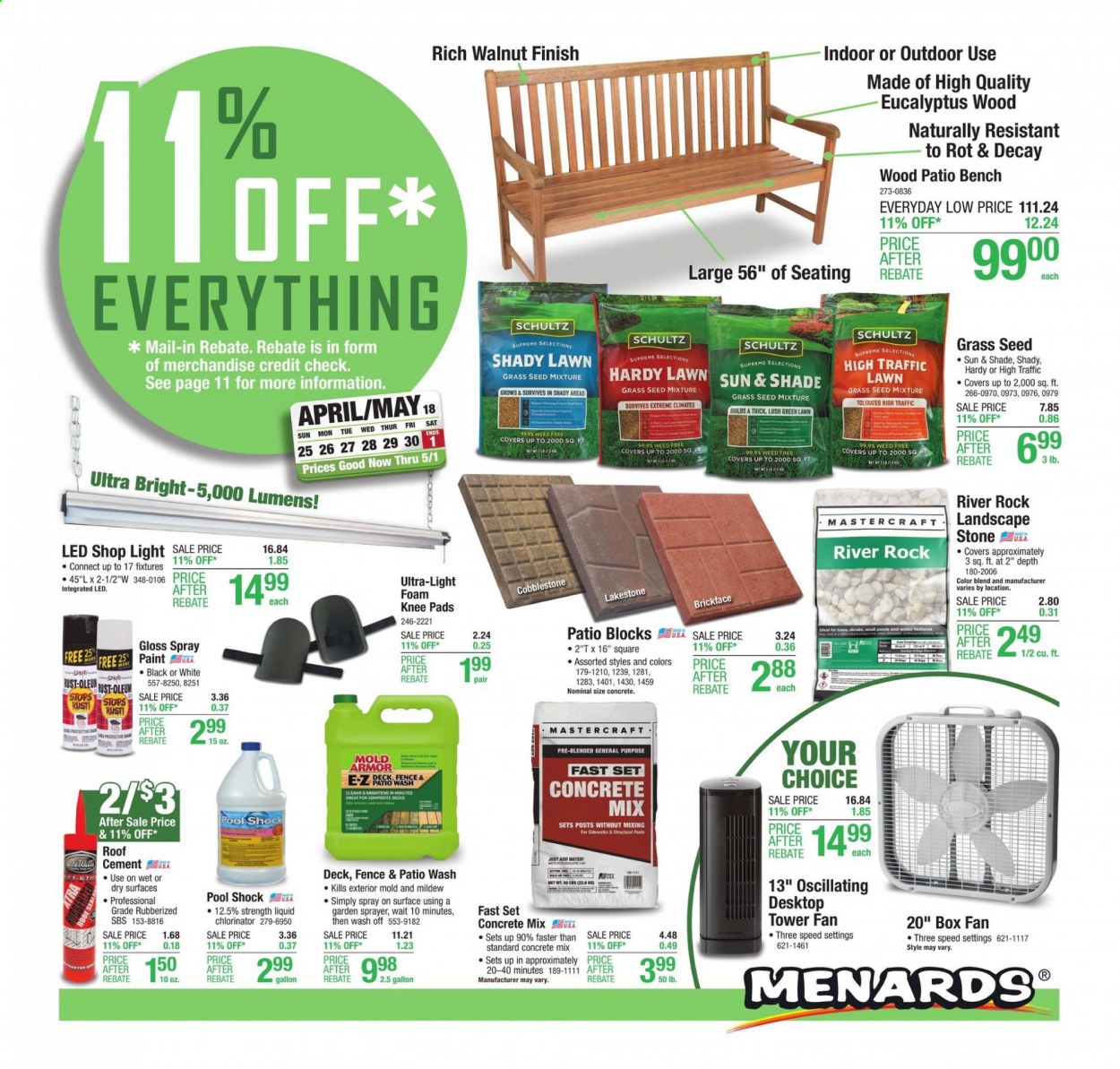 thumbnail - Menards Flyer - 04/25/2021 - 05/01/2021 - Sales products - gallon, paint, shop light, concrete mix, knee pads, pool, plant seeds, sprayer, grass seed. Page 1.