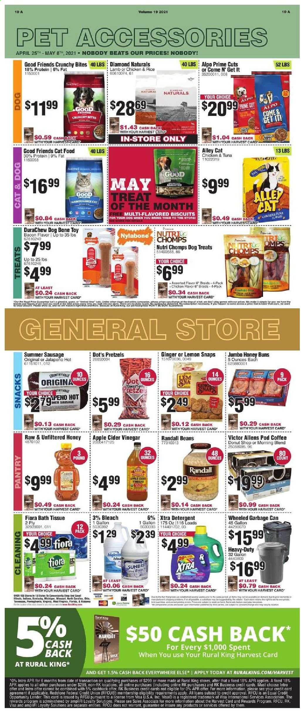 thumbnail - Rural King Flyer - 04/25/2021 - 05/08/2021 - Sales products - pretzels, snack, biscuit, rice, apple cider vinegar, vinegar, honey, coffee, bleach, XTRA, bone toy, animal food, cat food, Alpo, Victor, Diamond Naturals, Beats, toys. Page 12.