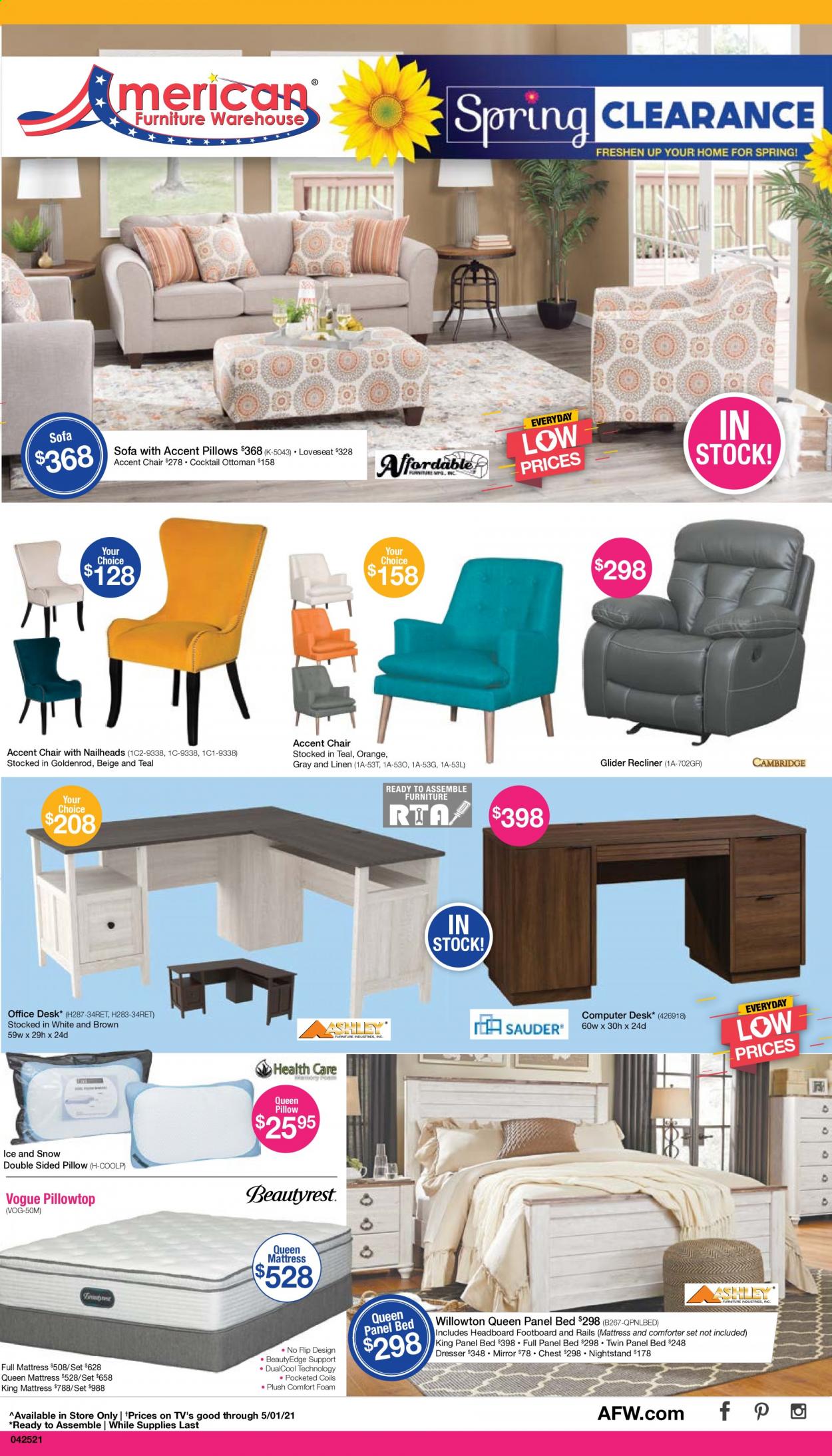 thumbnail - American Furniture Warehouse Flyer - 04/25/2021 - 05/01/2021 - Sales products - chair, accent chair, loveseat, sofa, recliner chair, ottoman, bed, headboard, mattress, dresser, nightstand, office desk, mirror, comforter, pillow. Page 1.