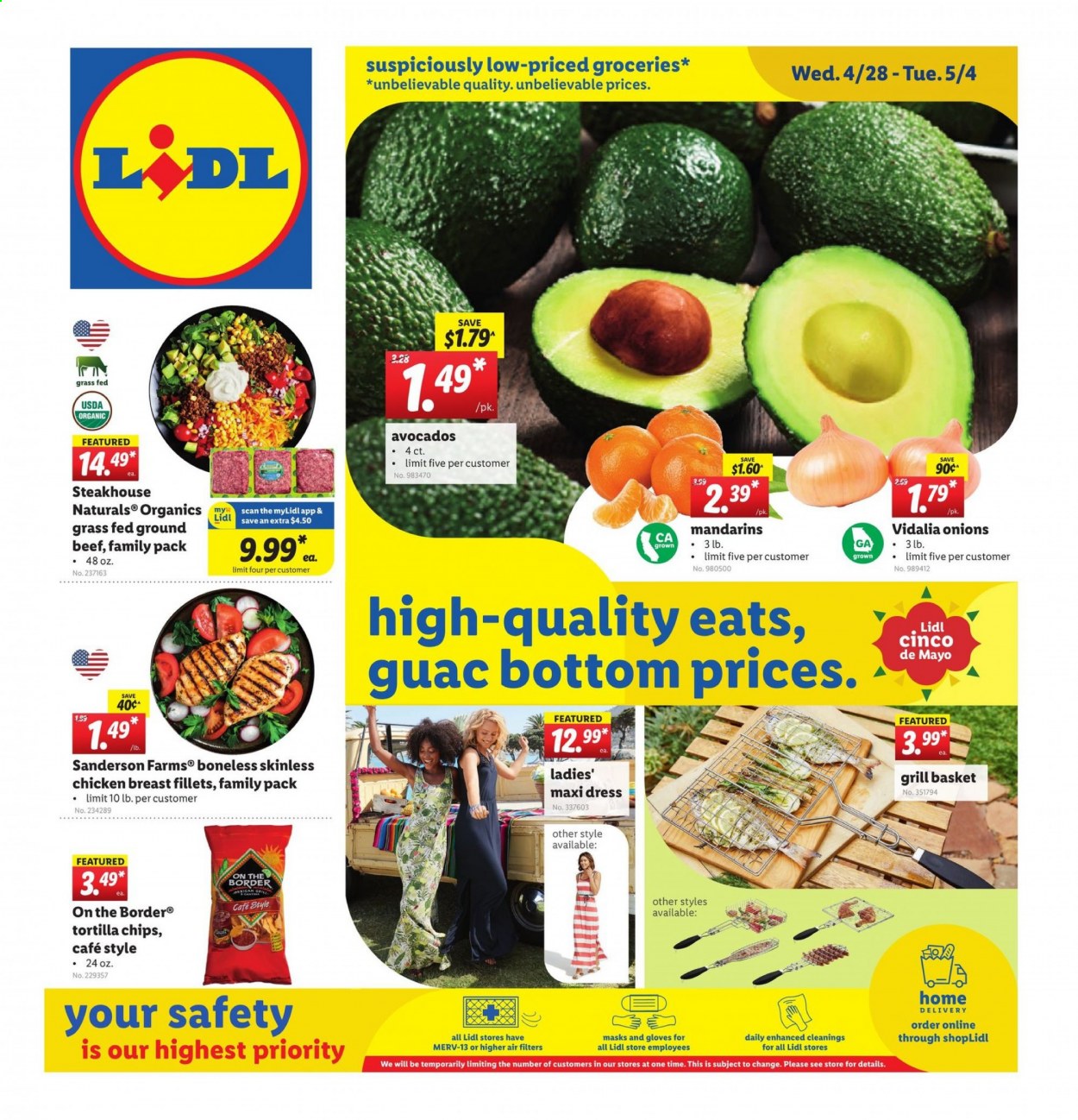 thumbnail - Lidl Flyer - 04/28/2021 - 05/04/2021 - Sales products - onion, avocado, mandarines, mayonnaise, tortilla chips, chips, chicken breasts, beef meat, ground beef, basket, dress, gloves, grill. Page 1.