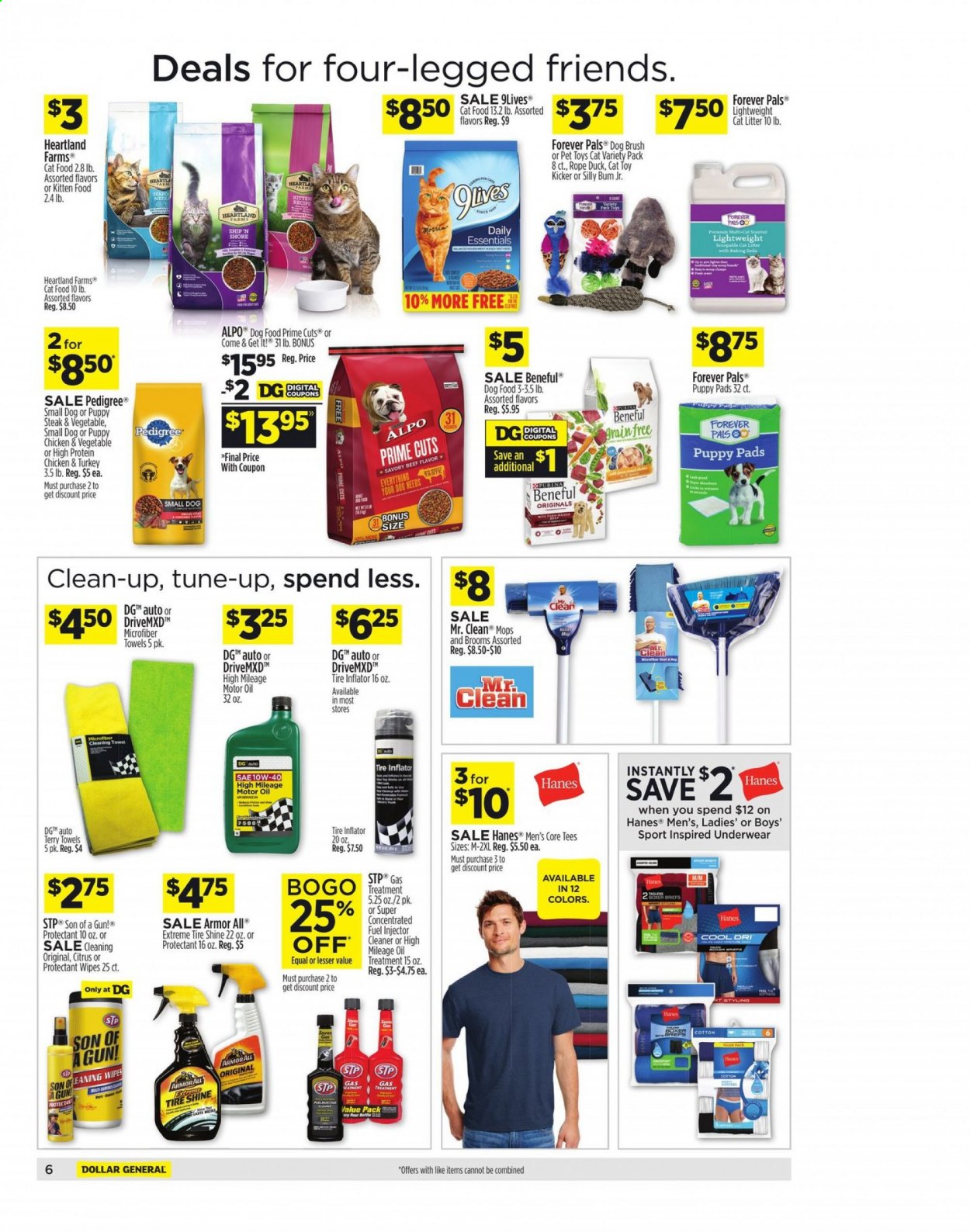 thumbnail - Dollar General Flyer - 04/25/2021 - 05/01/2021 - Sales products - bed, Heartland, oil, steak, wipes, cleaner, brush, microfiber towel, towel, cat litter, cat toy, puppy pads, animal food, cat food, dog food, Pedigree, 9lives, Alpo, underwear, inflator, gun, Armor All, tire inflator, injector cleaner, tyre shine, STP, motor oil. Page 7.