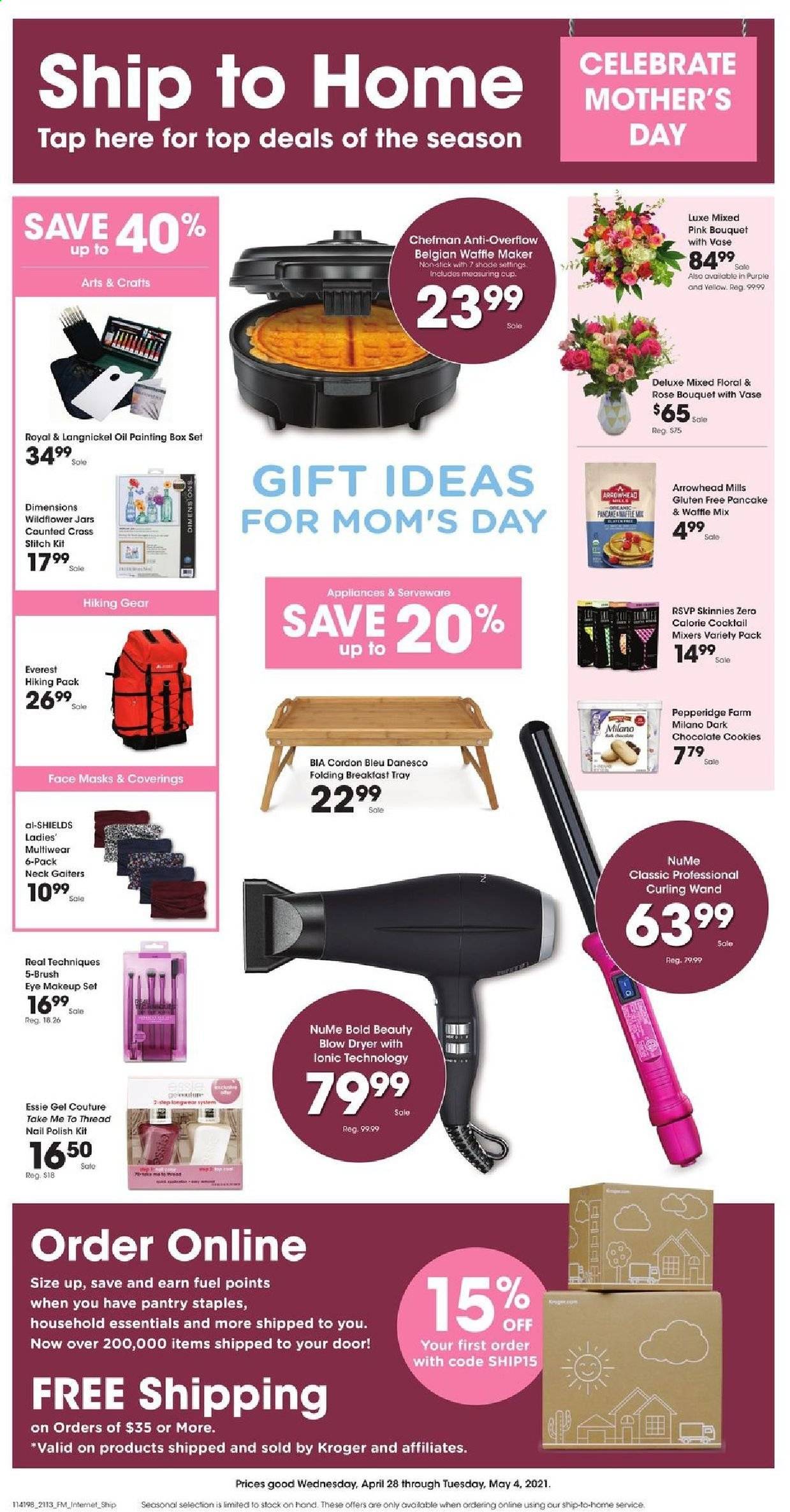 thumbnail - Fred Meyer Flyer - 04/28/2021 - 05/04/2021 - Sales products - pancakes, cordon bleu, cookies, chocolate, chocolate cookies, dark chocolate, oil, wine, rosé wine, face mask, polish, makeup, brush, tray, measuring cup, serveware, jar, bouquet, rose. Page 1.