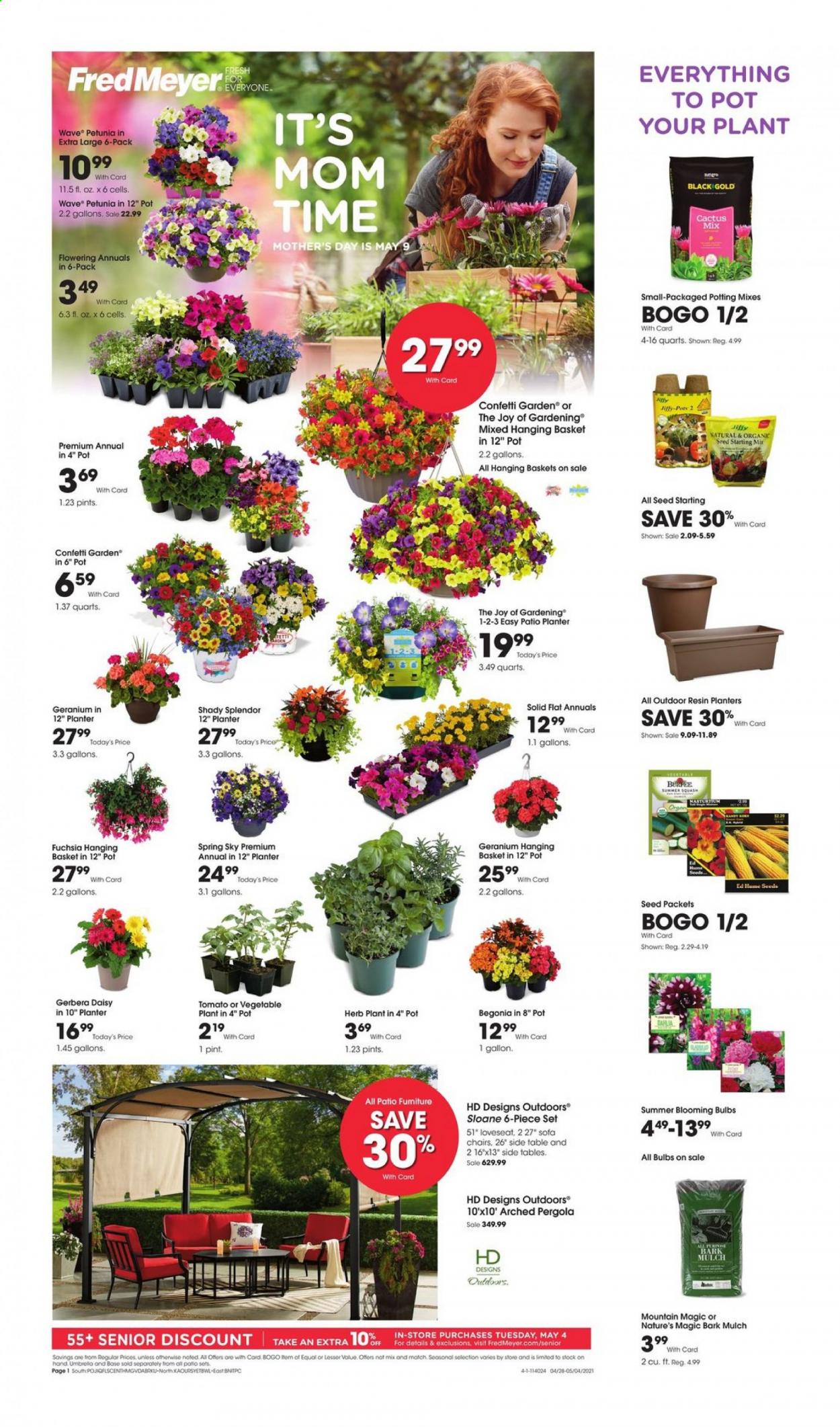 thumbnail - Fred Meyer Flyer - 04/28/2021 - 05/04/2021 - Sales products - herbs, Planters, basket, pot, cactus, plant seeds, gerbera, begonia, garden mulch. Page 1.