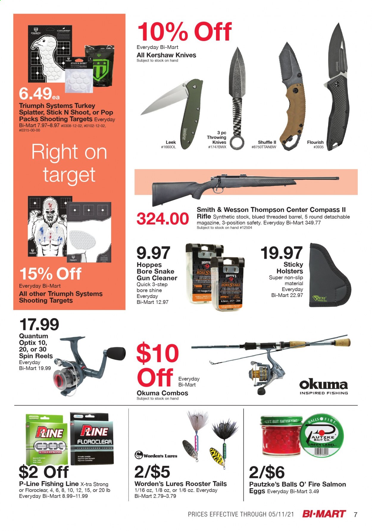 thumbnail - Bi-Mart Flyer - 04/27/2021 - 05/11/2021 - Sales products - leek, salmon, eggs, cleaner, knife, rifle. Page 7.