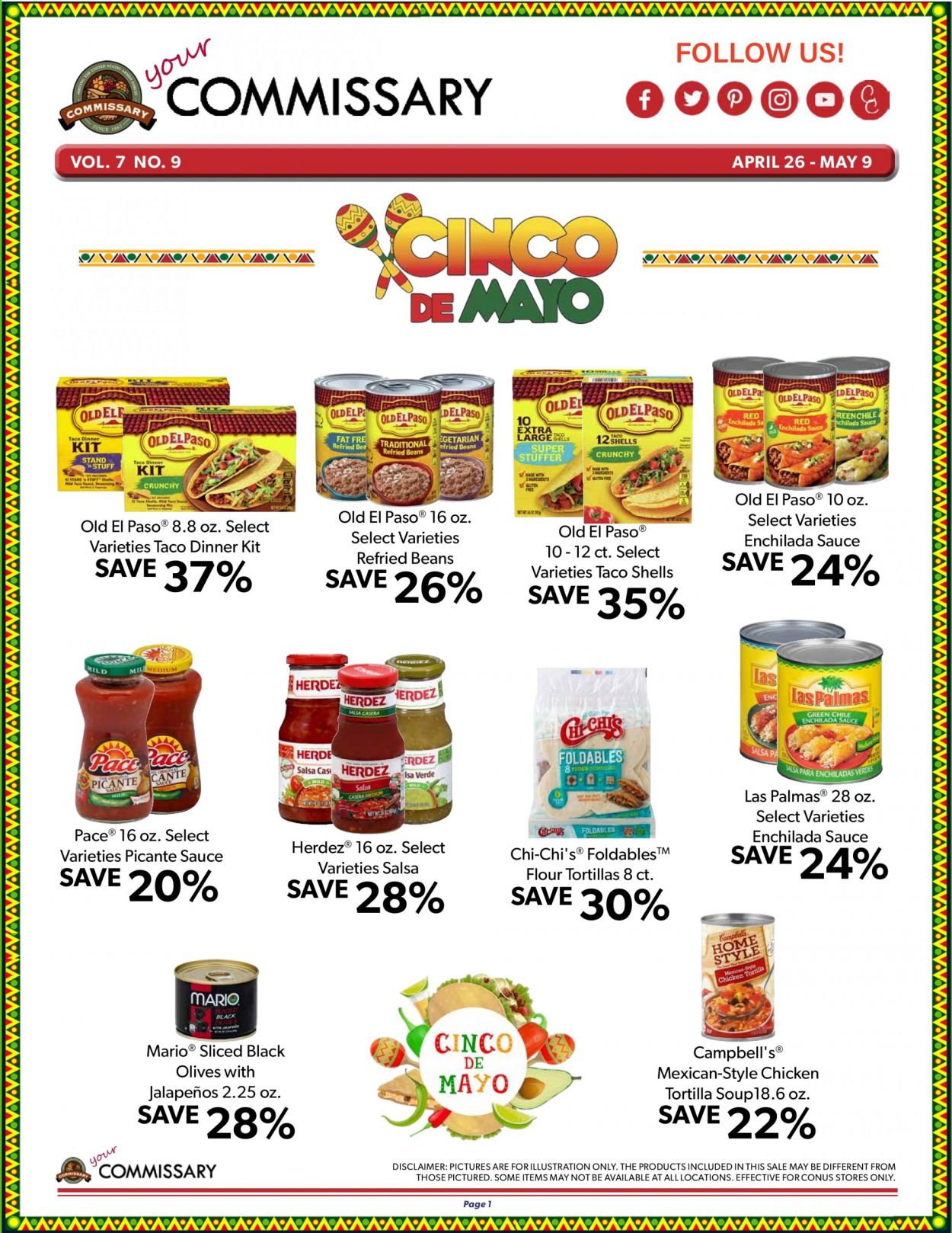 thumbnail - Commissary Flyer - 04/26/2021 - 05/09/2021 - Sales products - tortillas, Old El Paso, flour tortillas, beans, Campbell's, sauce, dinner kit, enchilada sauce, refried beans, olives, salsa. Page 1.