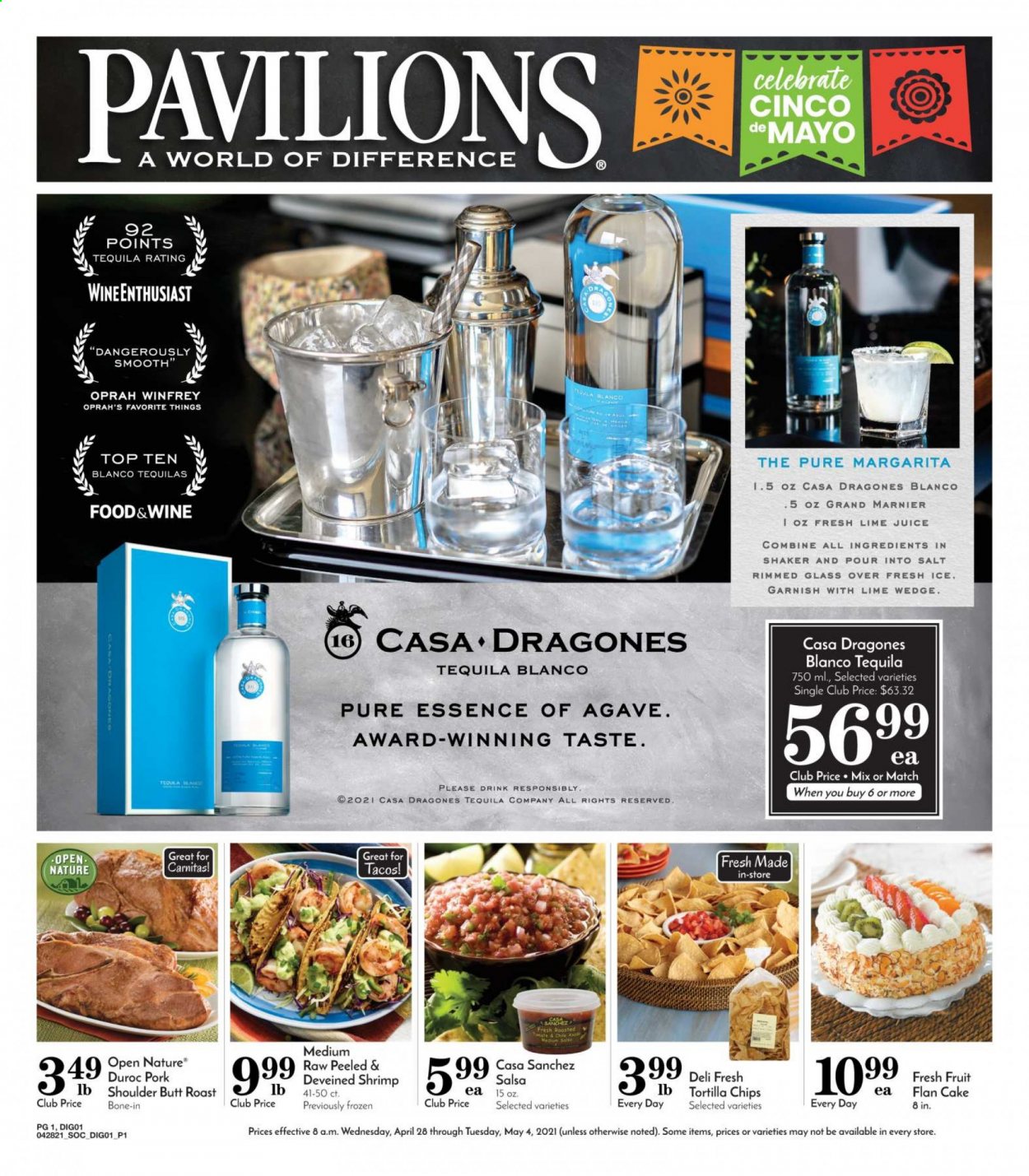 thumbnail - Pavilions Flyer - 04/26/2021 - 05/04/2021 - Sales products - cake, shrimps, tortilla chips, salsa, wine, Grand Marnier, tequila. Page 1.