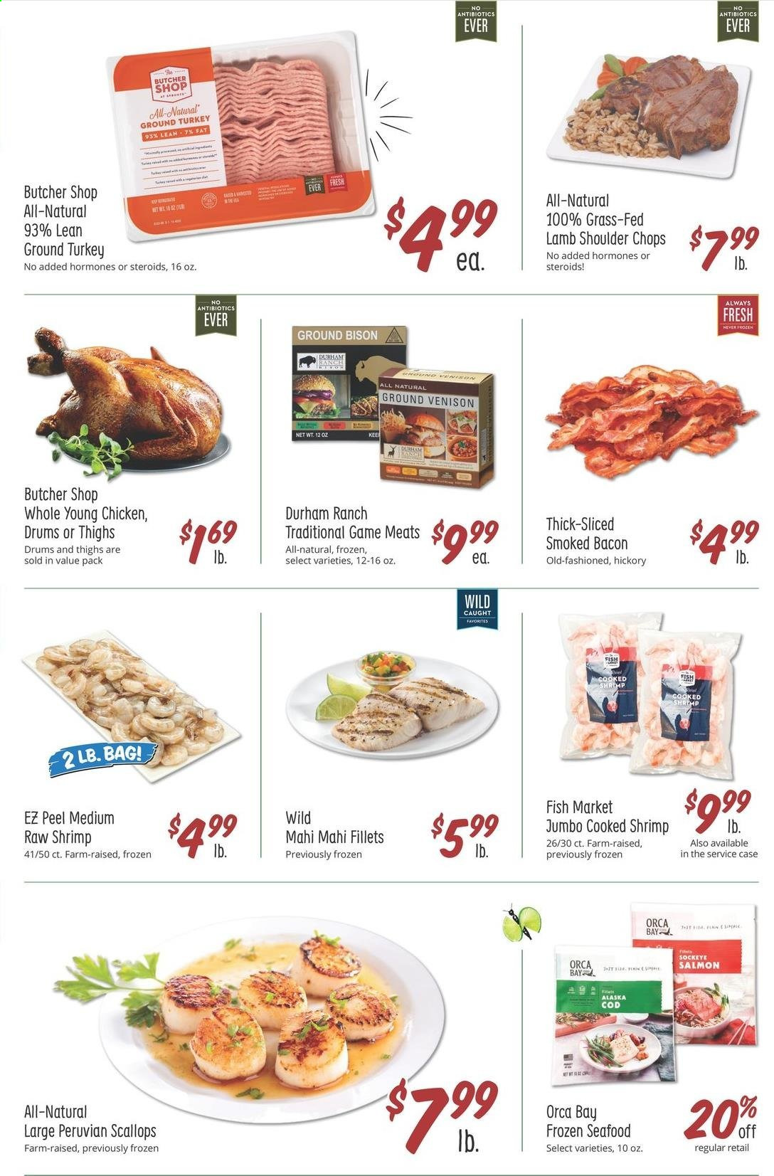 thumbnail - Sprouts Flyer - 04/28/2021 - 05/04/2021 - Sales products - venison meat, ground venison, cod, mahi mahi, salmon, scallops, seafood, shrimps, Orca Bay, bacon, ground turkey, bison meat, lamb meat, lamb shoulder. Page 5.