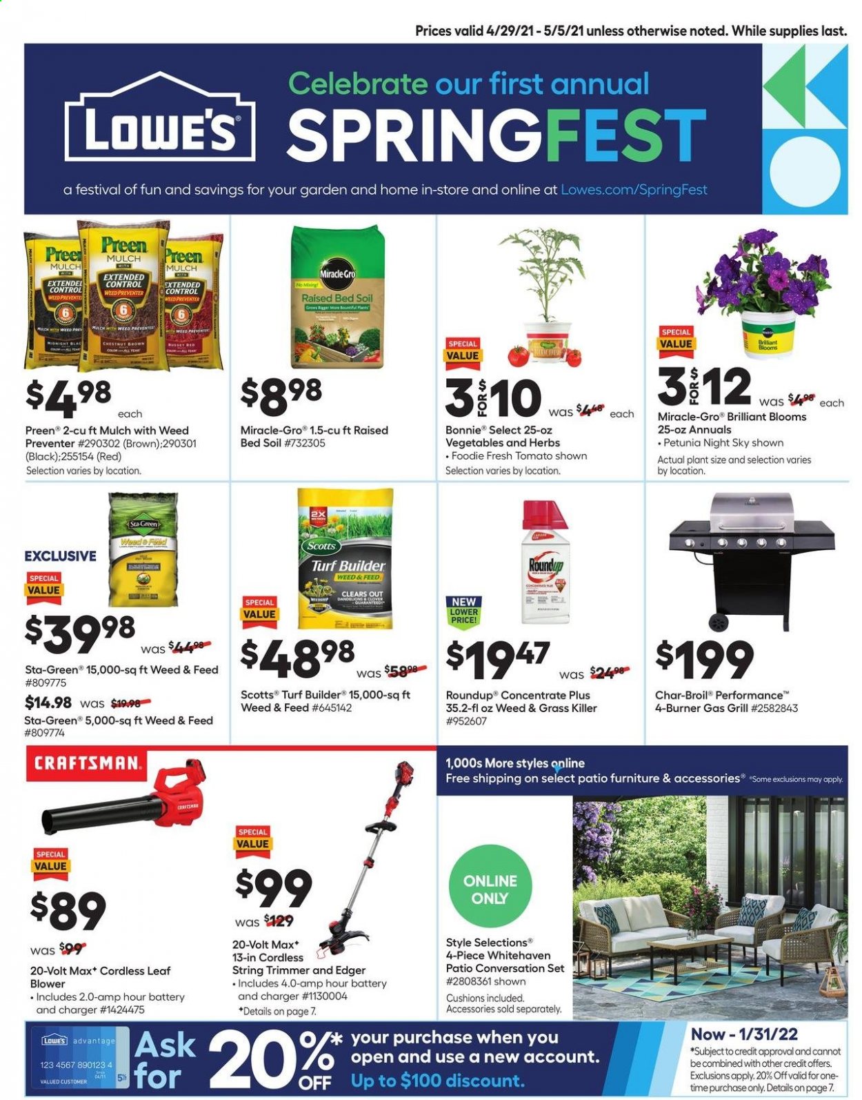 thumbnail - Lowe's Flyer - 04/29/2021 - 05/05/2021 - Sales products - trimmer, pen, cushion, patio furniture, Craftsman, leaf blower, string trimmer, blower, gas grill, grill, herbs, turf builder, Roundup, garden mulch. Page 1.