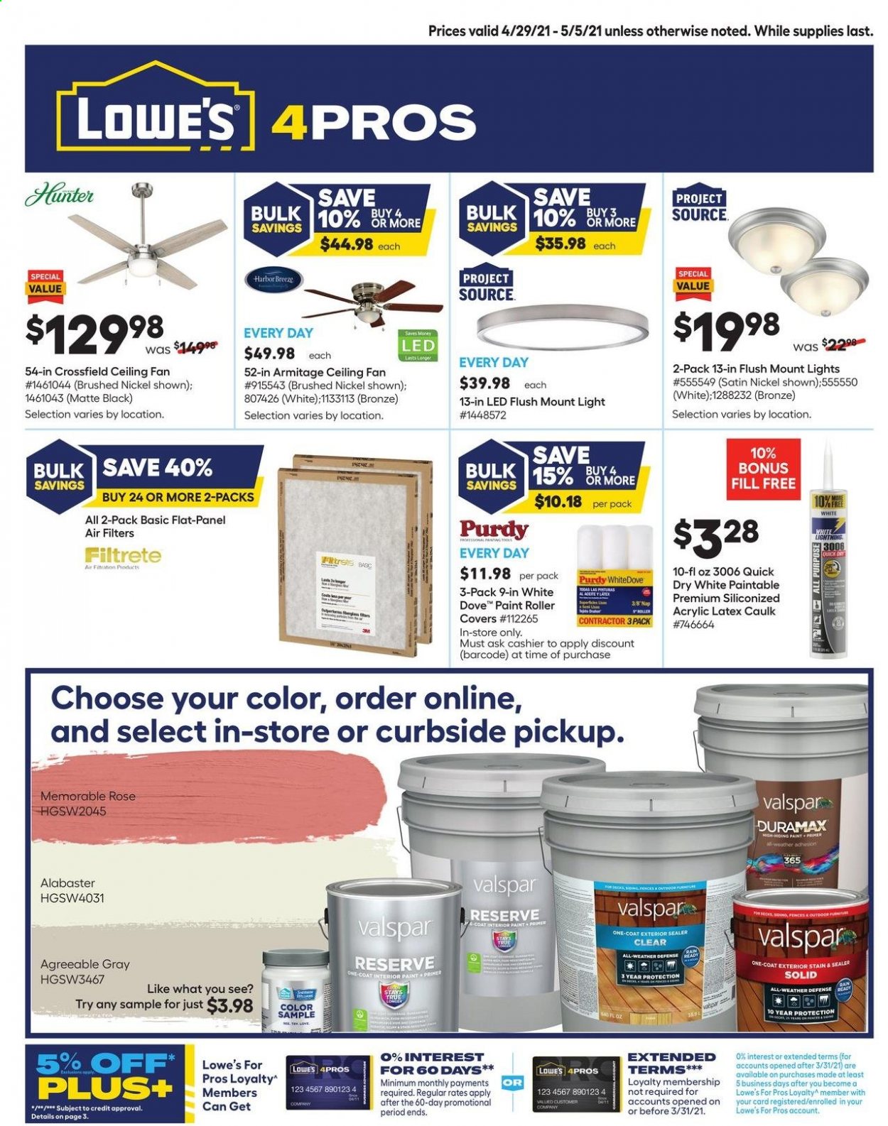 thumbnail - Lowe's Flyer - 04/29/2021 - 05/05/2021 - Sales products - Dove, satin sheets, roller, Filtrete, coat, Hunter, roller cover, paint, Valspar, rose, air filter. Page 1.