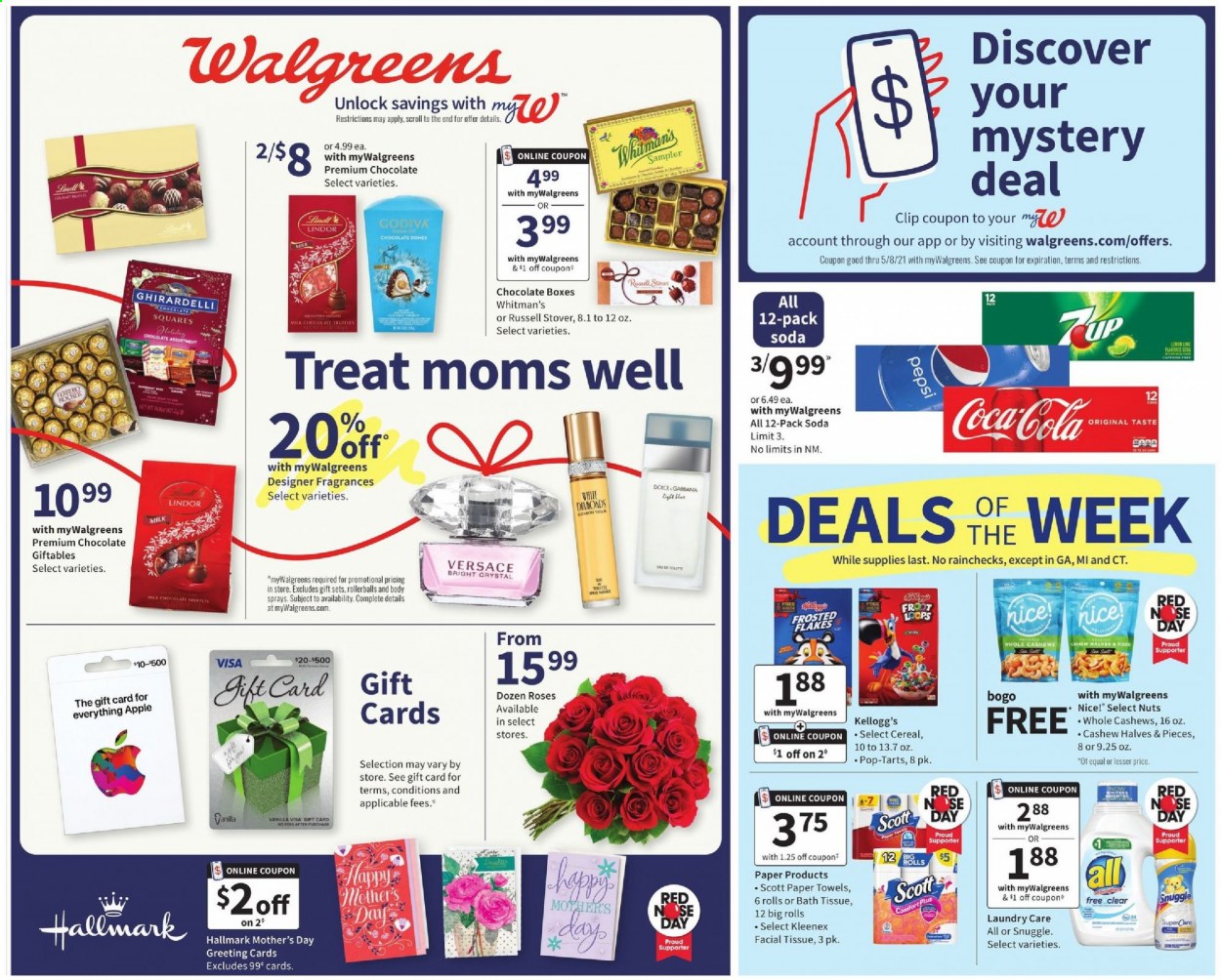 thumbnail - Walgreens Flyer - 05/02/2021 - 05/08/2021 - Sales products - Scott, Versace, milk chocolate, chocolate, Lindt, Lindor, Godiva, Kellogg's, Pop-Tarts, Ghirardelli, Nice!, cereals, Frosted Flakes, cashews, Coca-Cola, Pepsi, soda, bath tissue, Kleenex, kitchen towels, paper towels, Snuggle, Apple. Page 1.