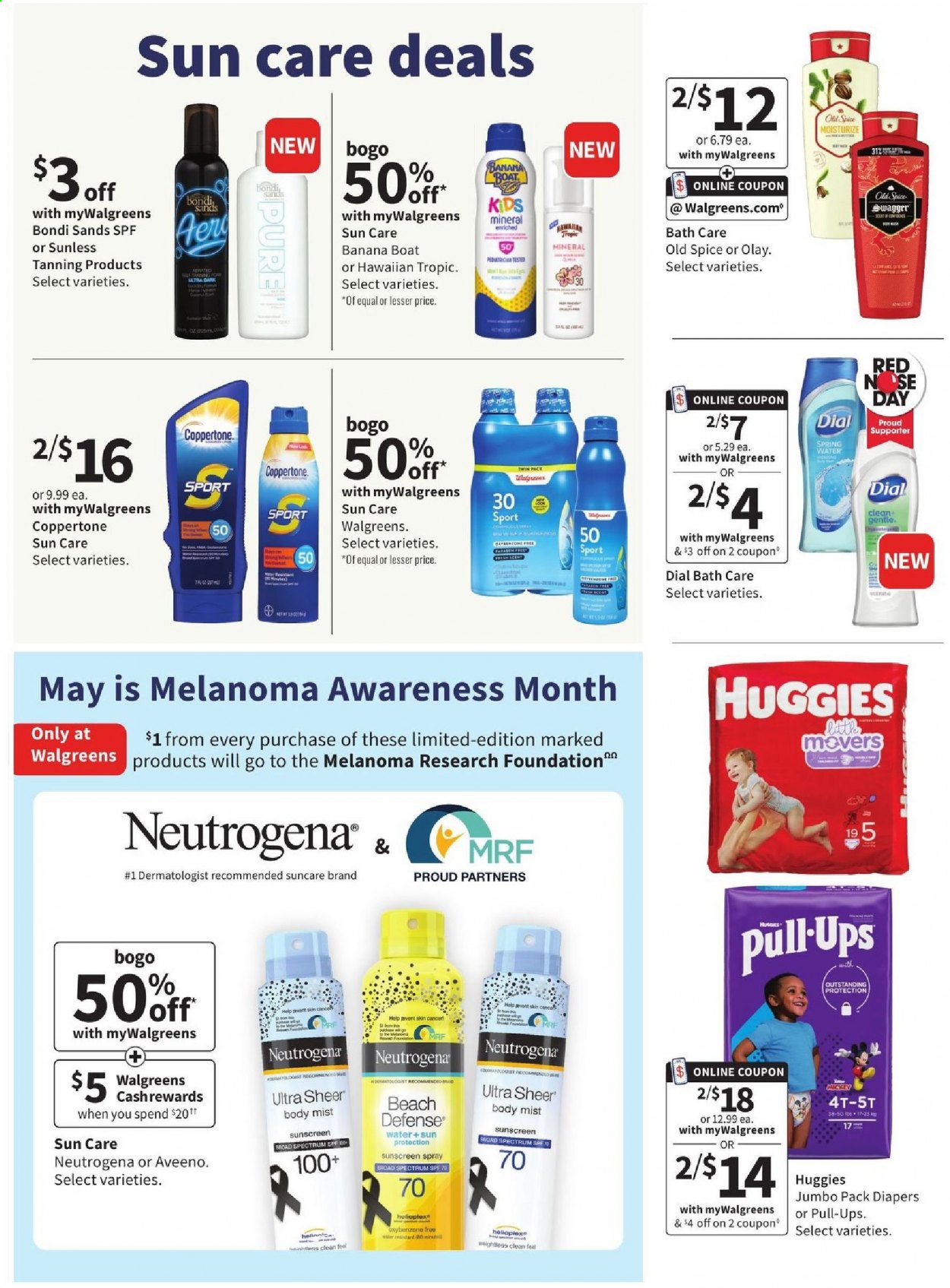 thumbnail - Walgreens Flyer - 05/02/2021 - 05/08/2021 - Sales products - spring water, Huggies, nappies, Aveeno, Mickey Mouse, Old Spice, Dial, Neutrogena, Olay, Bondi Sands, body mist. Page 12.