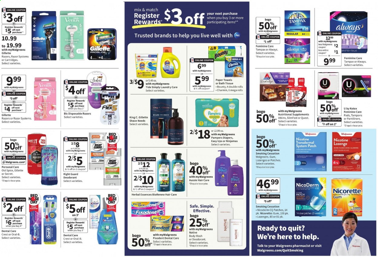 thumbnail - Walgreens Flyer - 05/02/2021 - 05/08/2021 - Sales products - Slimfast, Bounty, Pampers, nappies, bath tissue, kitchen towels, paper towels, Charmin, Tide, body wash, Old Spice, Oral-B, Fixodent, Crest, Tampax, pantiliners, Kotex, tampons, Aussie, Herbal Essences, anti-perspirant, deodorant, BIC, Gillette, razor, Venus, disposable razor, NicoDerm, Nicorette. Page 14.