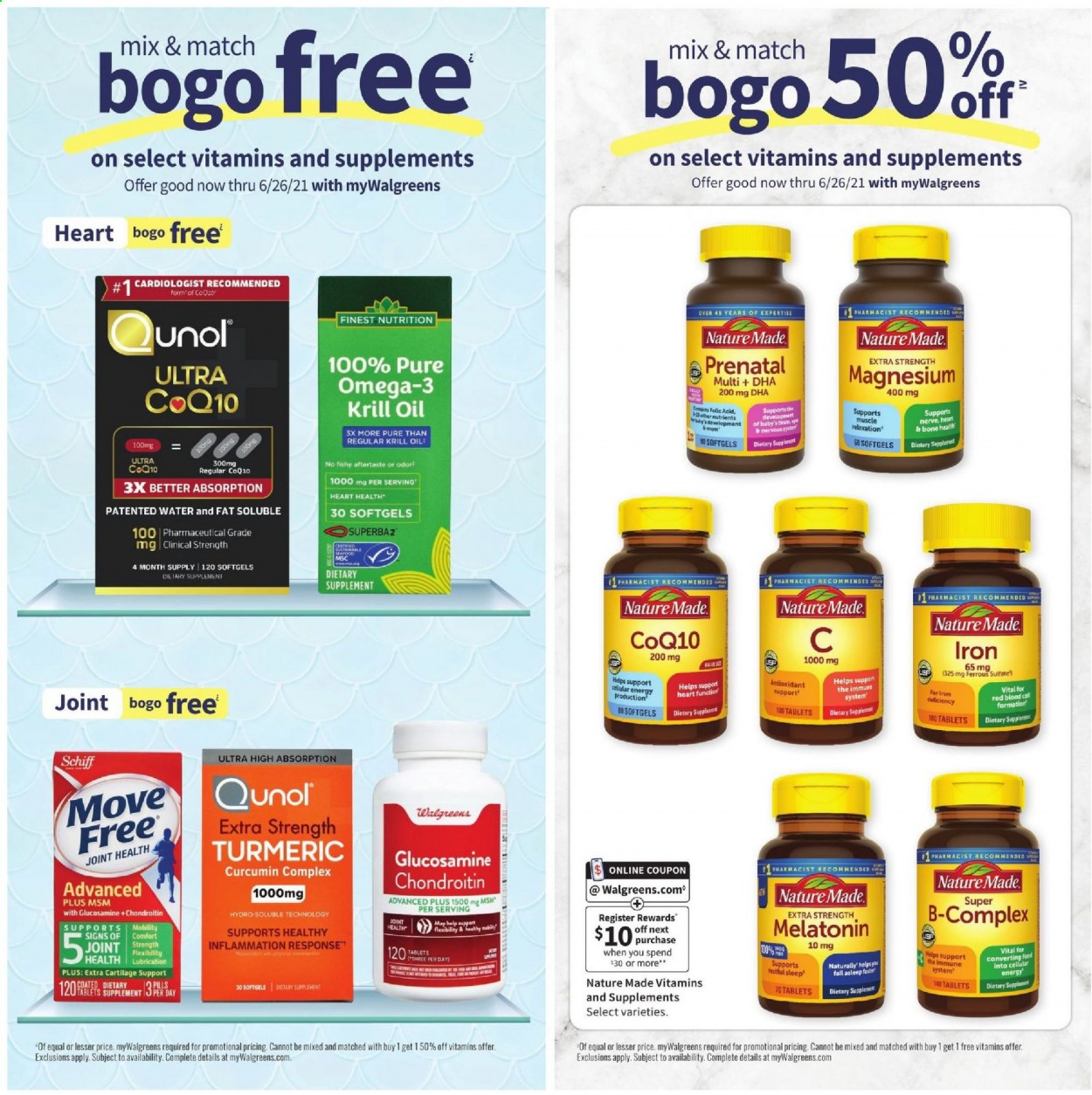 thumbnail - Walgreens Flyer - 05/02/2021 - 05/08/2021 - Sales products - glucosamine, magnesium, Move Free, Nature Made, Qunol, Prenatal, Omega-3, dietary supplement. Page 17.