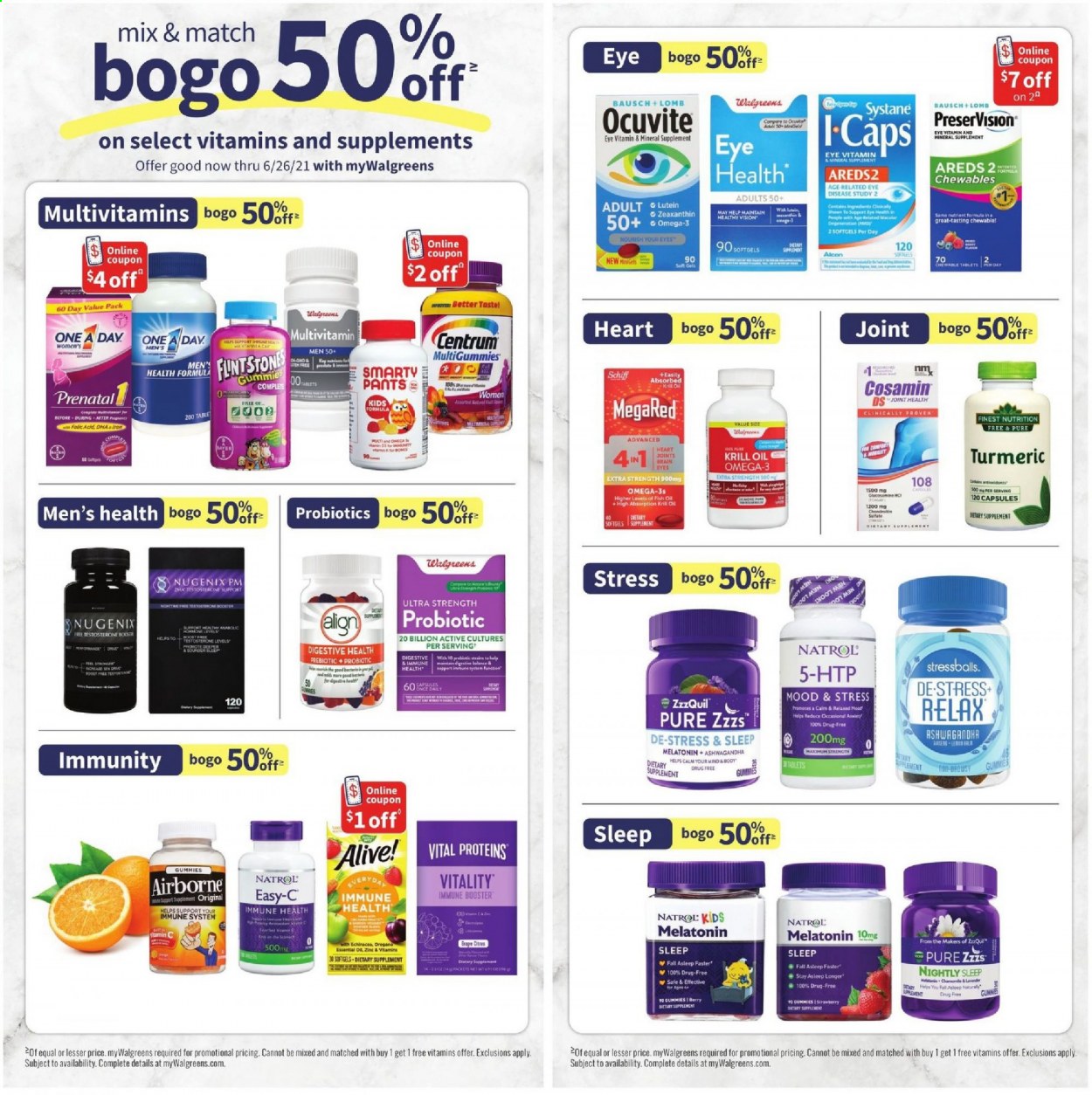 thumbnail - Walgreens Flyer - 05/02/2021 - 05/08/2021 - Sales products - Boost, pants, Cosamin, fish oil, glucosamine, MegaRed, multivitamin, Natrol, Systane, ZzzQuil, Prenatal, probiotics, Omega-3, Ocuvite, Vital Proteins, Centrum, Bayer, Alive!, dietary supplement. Page 18.