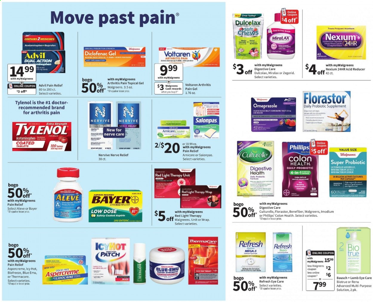 thumbnail - Walgreens Flyer - 05/02/2021 - 05/08/2021 - Sales products - chewing gum, pin, rechargeable battery, pain relief, Aleve, Culturelle, Dulcolax, MiraLAX, Thermacare, Tylenol, Ibuprofen, Imodium, probiotics, Aspercreme, Nexium, Biotrue, eye drops, Advil Rapid, Low Dose, aspirin, Bayer, dietary supplement. Page 21.