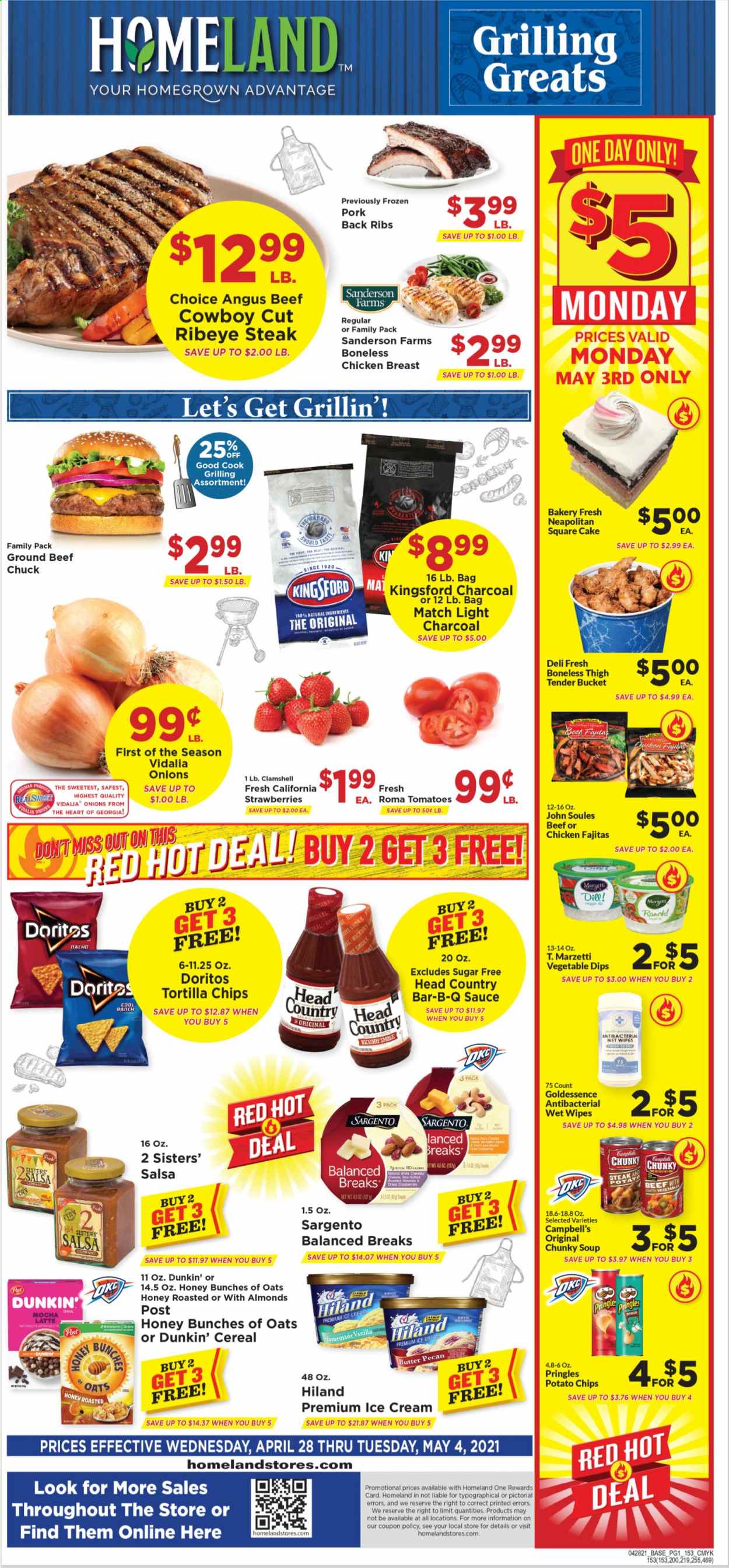 thumbnail - Homeland Flyer - 04/28/2021 - 05/04/2021 - Sales products - cake, tomatoes, strawberries, Campbell's, soup, fajita, Sargento, butter, ice cream, Doritos, tortilla chips, potato chips, Pringles, cereals, dill, salsa, chicken breasts, beef meat, beef steak, ground beef, steak, ribeye steak, pork meat, pork ribs, pork back ribs, wipes. Page 1.