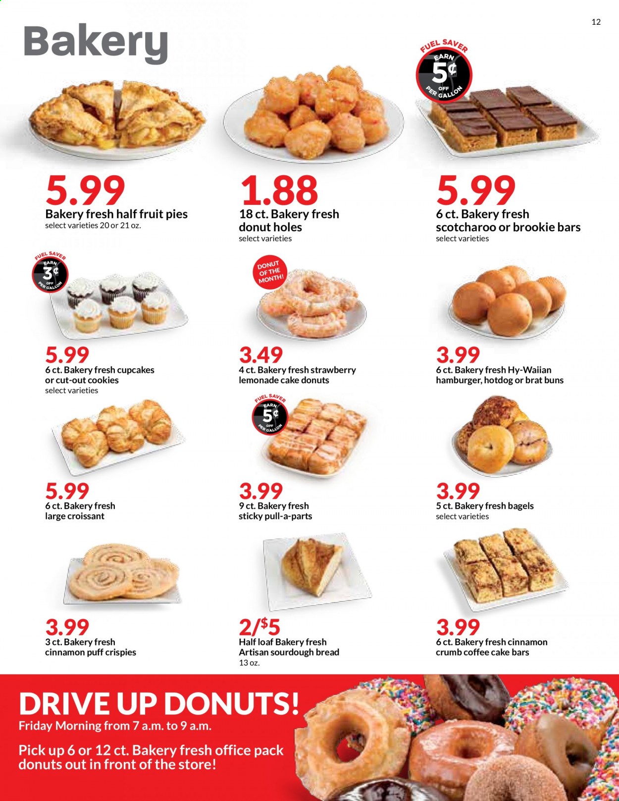 thumbnail - Hy-Vee Flyer - 04/28/2021 - 05/04/2021 - Sales products - bagels, bread, hot dog rolls, cake, croissant, buns, sourdough bread, cupcake, donut holes, coffee cake, hot dog, hamburger, cookies, cinnamon, coffee. Page 12.