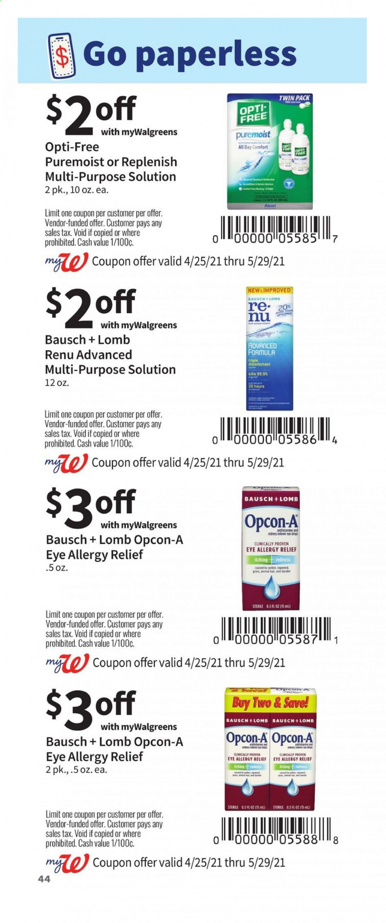 thumbnail - Walgreens Flyer - 04/25/2021 - 05/29/2021 - Sales products - desinfection, Opcon-A, allergy relief. Page 44.