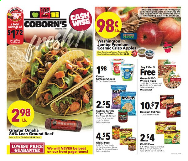 thumbnail - Coborn's Flyer - 04/28/2021 - 05/04/2021 - Sales products - Old El Paso, pot pie, beans, apples, pizza, cottage cheese, Kemps, tortilla chips, chips, Tostitos, salsa, beef meat, ground beef. Page 1.