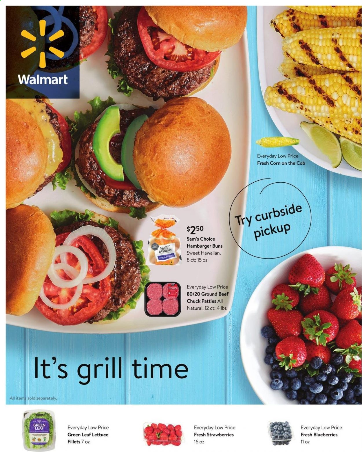 thumbnail - Walmart Flyer - 04/28/2021 - 06/01/2021 - Sales products - buns, burger buns, corn, lettuce, blueberries, strawberries, beef meat, ground beef, grill. Page 1.
