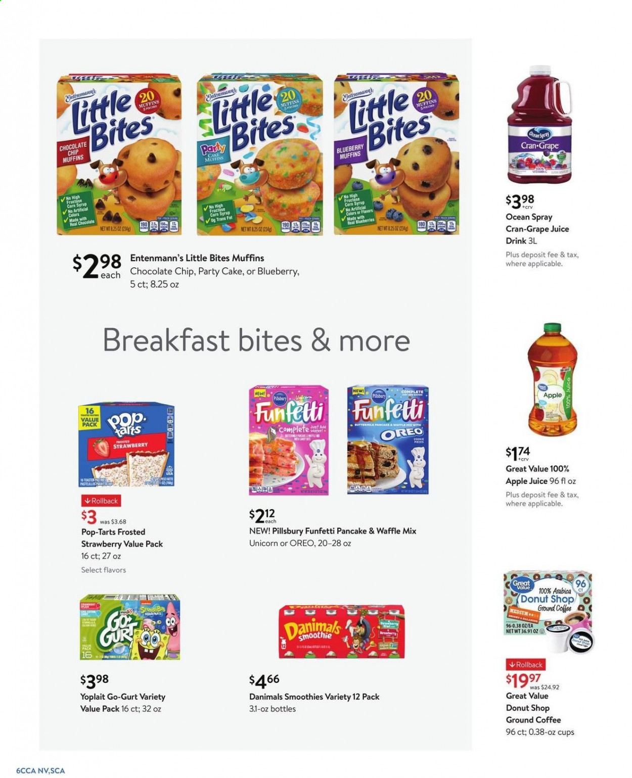 thumbnail - Walmart Flyer - 04/28/2021 - 06/01/2021 - Sales products - cake, muffin, Entenmann's, corn, blueberries, pancakes, Pillsbury, Oreo, Yoplait, Danimals, chocolate chips, Pop-Tarts, Little Bites, corn syrup, syrup, apple juice, juice, Cran-Grape, smoothie, coffee, ground coffee, cup. Page 6.