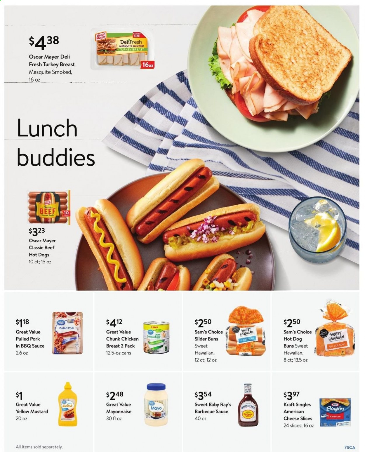 thumbnail - Walmart Flyer - 04/28/2021 - 06/01/2021 - Sales products - buns, pork meat, sauce, Kraft®, pulled pork, Oscar Mayer, sandwich slices, sliced cheese, cheese, Kraft Singles, mayonnaise, BBQ sauce, mustard. Page 7.