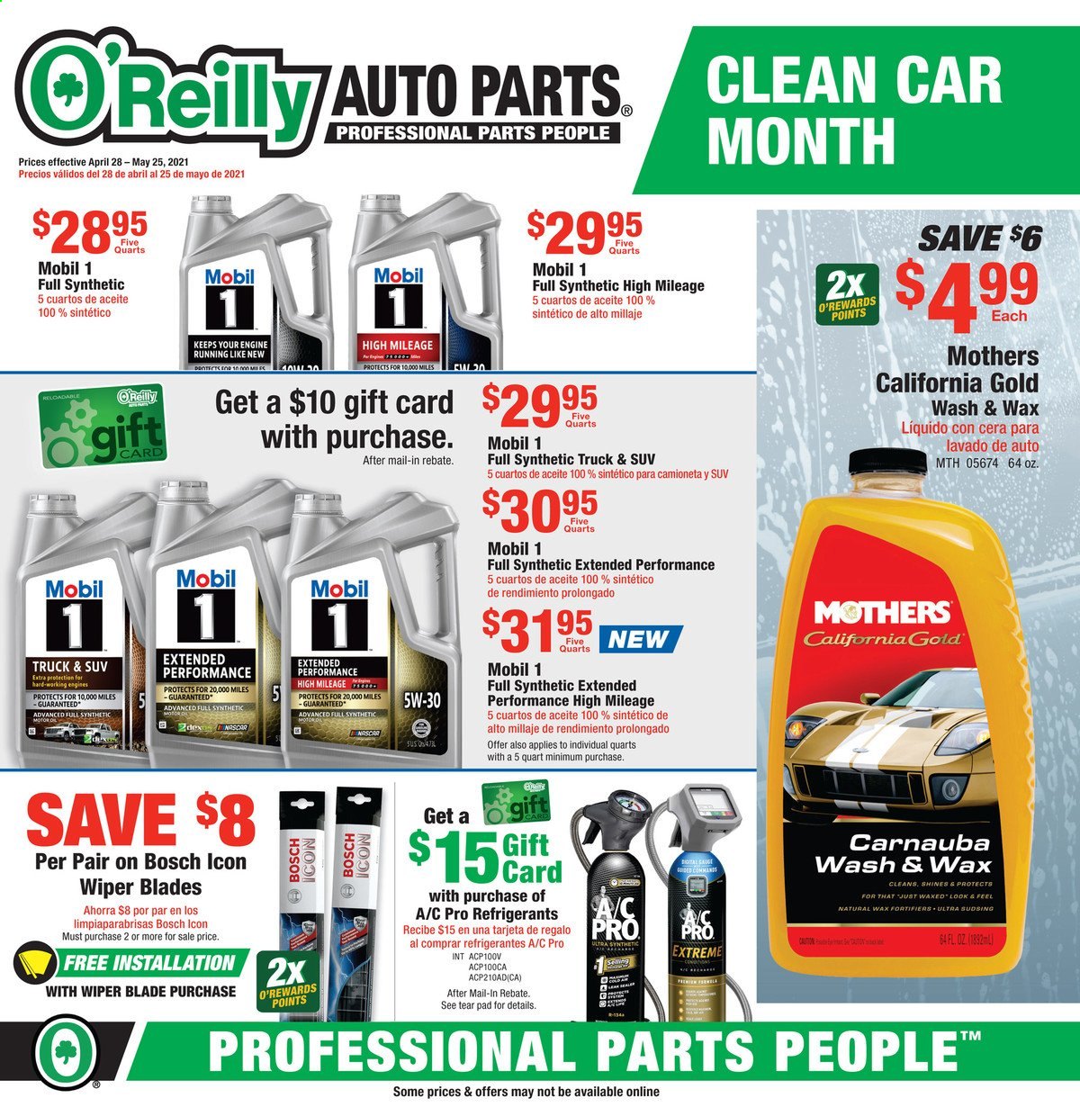 thumbnail - O'Reilly Auto Parts Flyer - 04/28/2021 - 05/25/2021 - Sales products - Bosch, wiper blades, Mobil. Page 1.