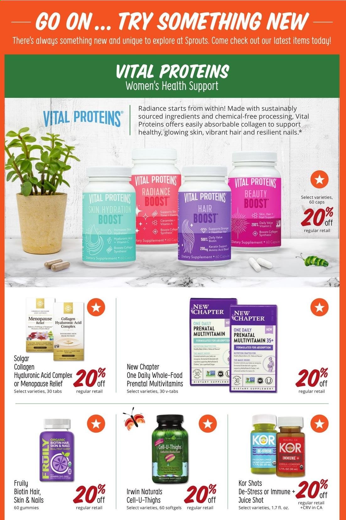 thumbnail - Sprouts Flyer - 04/28/2021 - 05/25/2021 - Sales products - juice, Boost, Malibu, keratin, cap, Biotin, multivitamin, vitamin c, Prenatal, Vital Proteins, one daily, dietary supplement. Page 4.