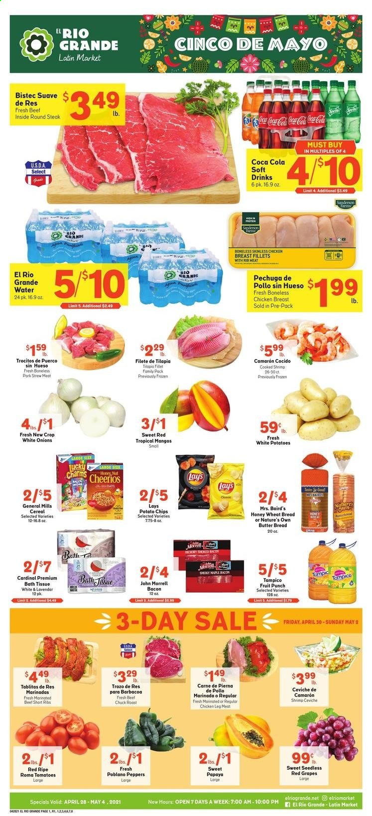thumbnail - El Rio Grande Flyer - 04/28/2021 - 05/04/2021 - Sales products - wheat bread, tomatoes, onion, peppers, grapes, mango, papaya, tilapia, shrimps, bacon, potato chips, Lay’s, oats, cereals, Cheerios, Coca-Cola, soft drink, fruit punch, chicken breasts, chicken legs, beef meat, steak, round steak, chuck roast. Page 1.