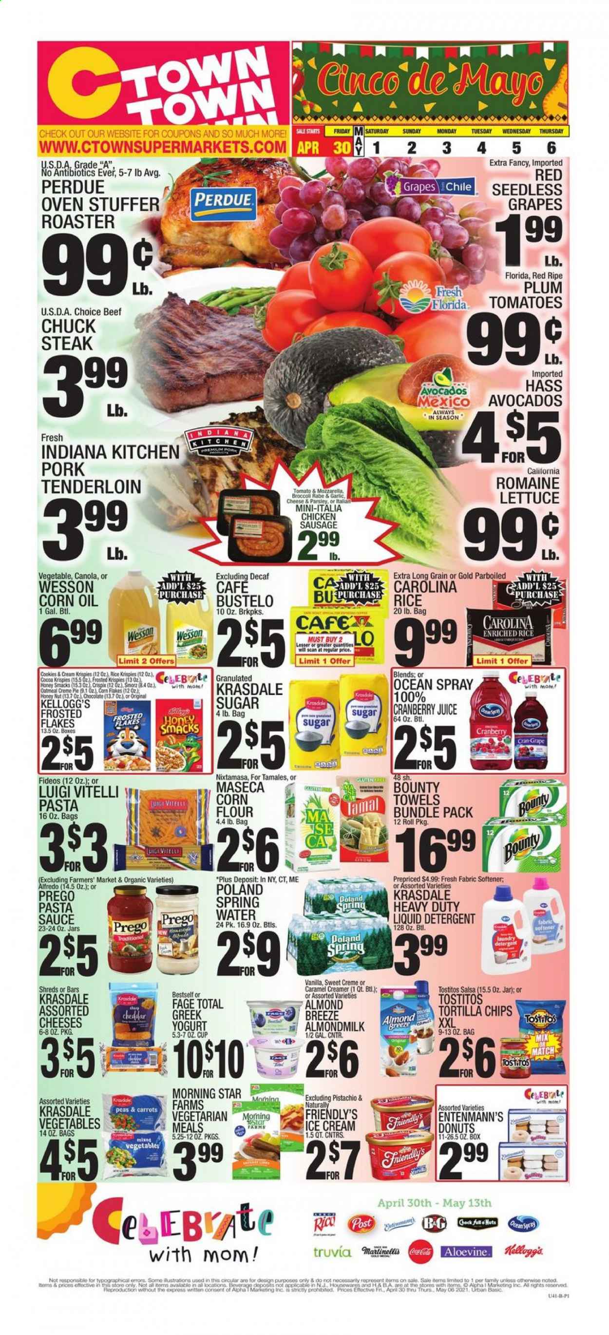 thumbnail - C-Town Flyer - 04/30/2021 - 05/06/2021 - Sales products - seedless grapes, pie, donut, Entenmann's, broccoli, carrots, tomatoes, parsley, lettuce, avocado, pasta sauce, Perdue®, sausage, chicken sausage, mozzarella, greek yoghurt, yoghurt, almond milk, Almond Breeze, creamer, ice cream, Friendly's Ice Cream, mixed vegetables, cookies, chocolate, Bounty, Kellogg's, tortilla chips, chips, Tostitos, cocoa, sugar, oatmeal, corn flour, corn flakes, Frosted Flakes, rice, parboiled rice, salsa, corn oil, cranberry juice, juice, Cran-Grape, spring water, beef meat, steak, chuck steak, pork meat, pork tenderloin. Page 1.