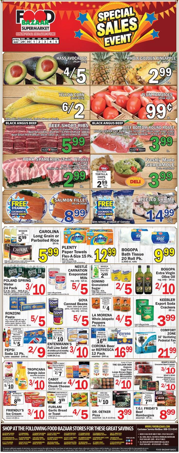 thumbnail - Food Bazaar Flyer - 04/29/2021 - 05/05/2021 - Sales products - bread, Entenmann's, beans, corn, jalapeño, salmon, salmon fillet, spaghetti, pizza, hamburger, pasta, Butterball, guacamole, Dr. Oetker, chunk cheese, evaporated milk, eggs, cage free eggs, ice cream, Friendly's Ice Cream, potato fries, french fries, Ore-Ida, Nestlé, snack, crackers, Keebler, tortilla chips, granulated sugar, sugar, Goya, rice, parboiled rice, penne, extra virgin olive oil, olive oil, oil, Pepsi, soda, juice, seltzer water, spring water, sparkling water, Ron Pelicano, beer, Corona Extra, beef meat, beef ribs, steak, round roast, turkey burger, pork spare ribs, pineapple. Page 1.