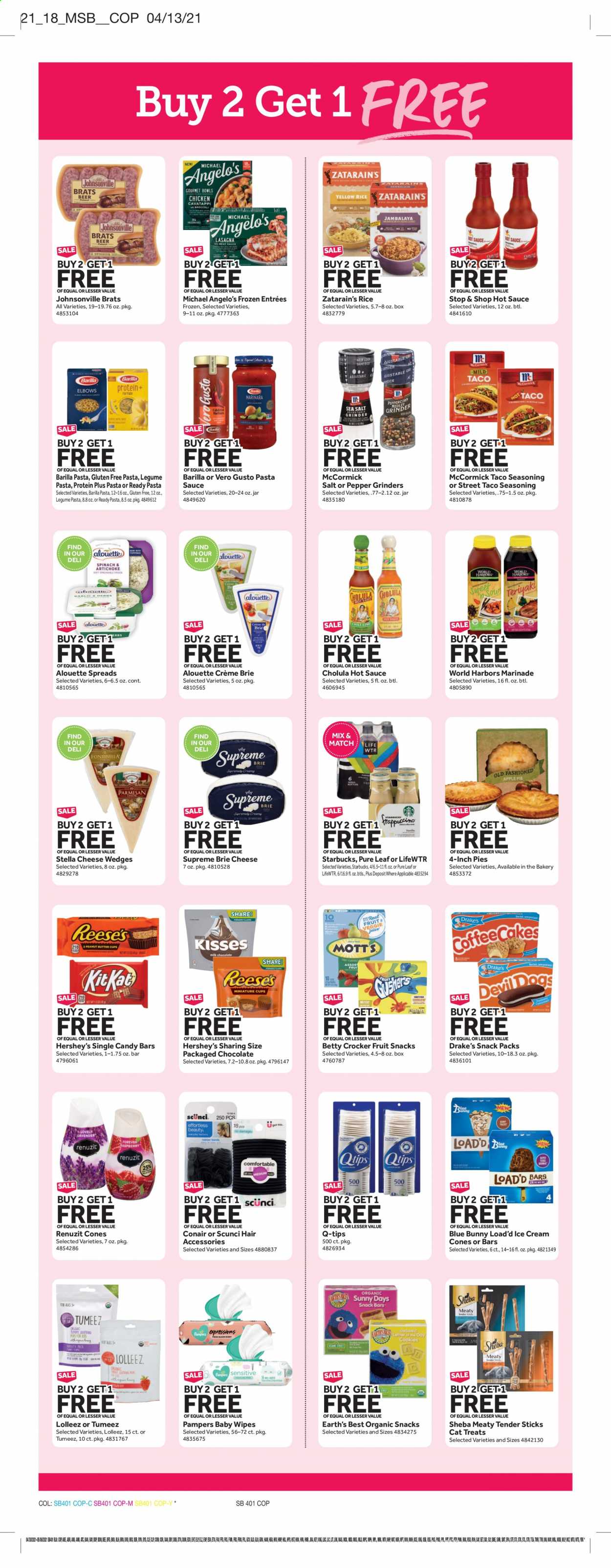 thumbnail - Stop & Shop Flyer - 04/30/2021 - 05/06/2021 - Sales products - Johnsonville, pasta sauce, sauce, Barilla, ham, cheese, brie, ice cream, Hershey's, Blue Bunny, chocolate, fruit snack, salt, rice, spice, hot sauce, marinade, Lifewtr, tea, Pure Leaf, Starbucks, wipes, Pampers, baby wipes, Scünci, Renuzit. Page 3.