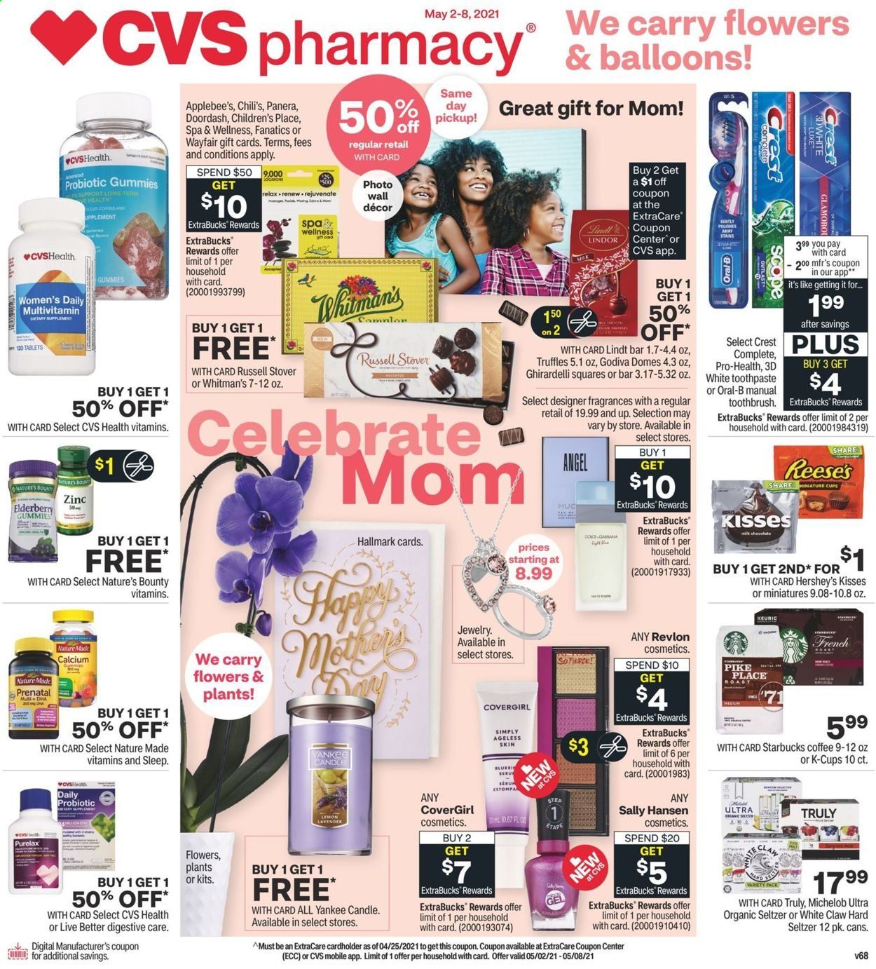 thumbnail - CVS Pharmacy Flyer - 05/02/2021 - 05/08/2021 - Sales products - Reese's, Hershey's, Lindt, Lindor, truffles, Godiva, Ghirardelli, coffee, Starbucks, coffee capsules, K-Cups, White Claw, Hard Seltzer, TRULY, Rejuvenate, toothbrush, Oral-B, toothpaste, Purelax, Crest, Revlon, balloons, candle, Yankee Candle, Prenatal, calcium, multivitamin, Nature Made, Nature's Bounty, probiotics, zinc, beer, Michelob. Page 1.