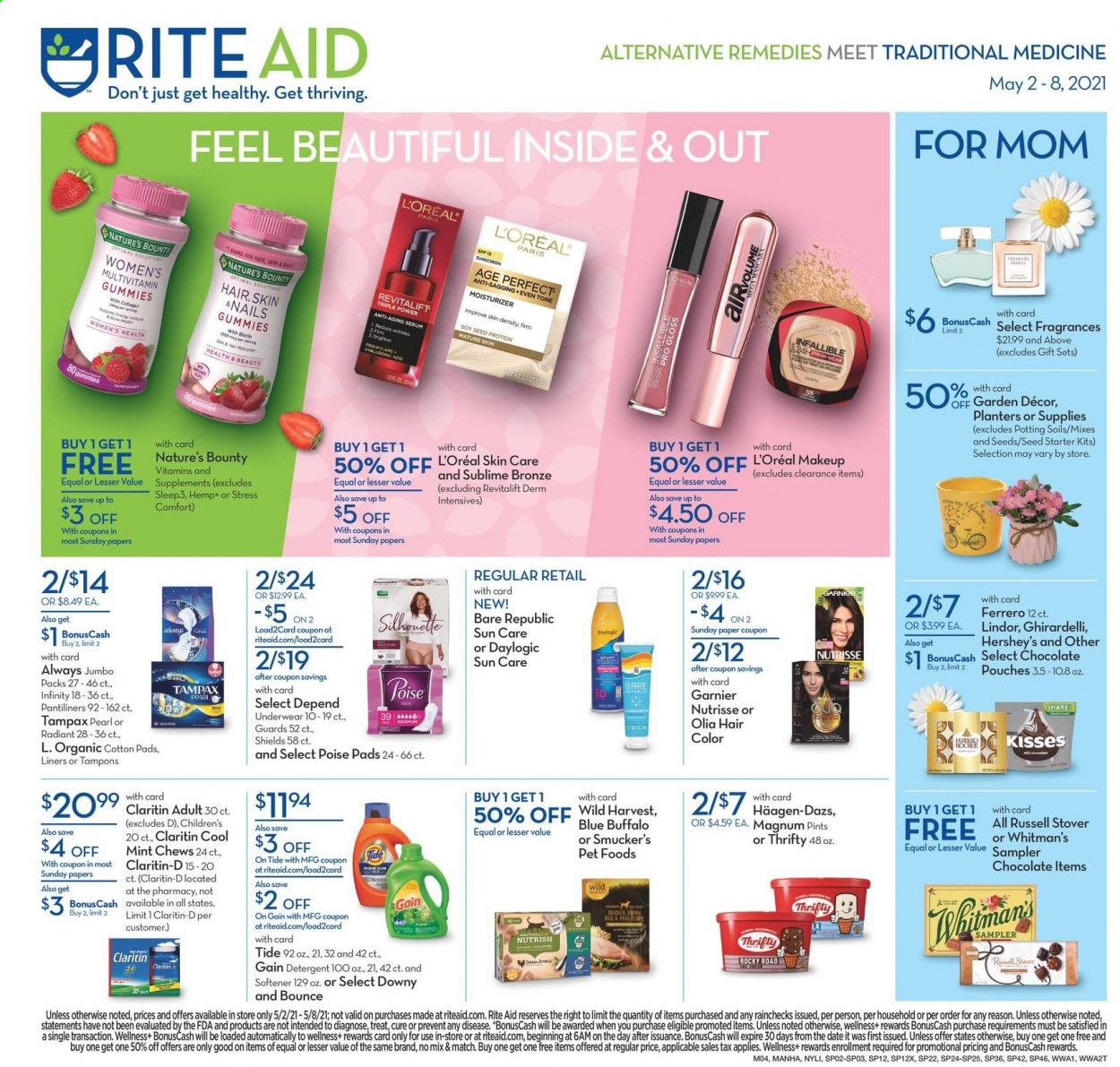 thumbnail - RITE AID Flyer - 05/02/2021 - 05/08/2021 - Sales products - Wild Harvest, Magnum, Hershey's, Häagen-Dazs, Lindor, Ferrero Rocher, chewing gum, Ghirardelli, Planters, detergent, Gain, Tide, fabric softener, Bounce, Tampax, pantiliners, tampons, Garnier, L’Oréal, moisturizer, serum, Infinity, Daylogic, hair color, makeup, Blue Buffalo, Nutrish, plant seeds, Biotin, multivitamin, Nature's Bounty. Page 1.