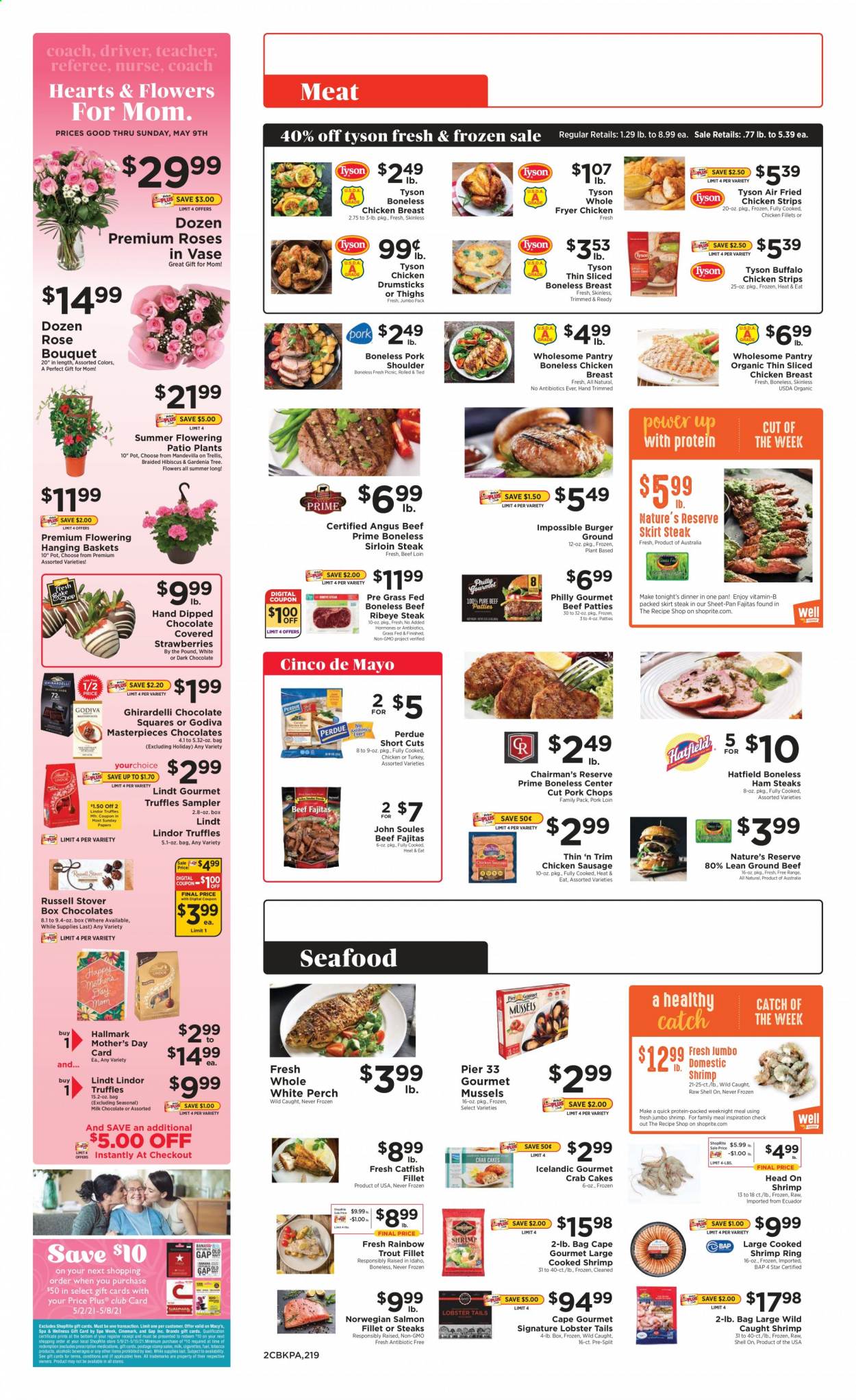 thumbnail - ShopRite Flyer - 05/02/2021 - 05/08/2021 - Sales products - strawberries, lobster, mussels, salmon, salmon fillet, trout, perch, seafood, lobster tail, shrimps, crab cake, hamburger, fried chicken, fajita, Perdue®, ham, sausage, chicken sausage, ham steaks, strips, chicken strips, milk chocolate, Lindt, Lindor, Godiva, Ghirardelli, wine, rosé wine, chicken breasts, chicken drumsticks, beef meat, beef sirloin, beef steak, ground beef, steak, sirloin steak, ribeye steak, pork chops, pork loin, pork meat, pork shoulder, pot, pan, bouquet, rose. Page 2.