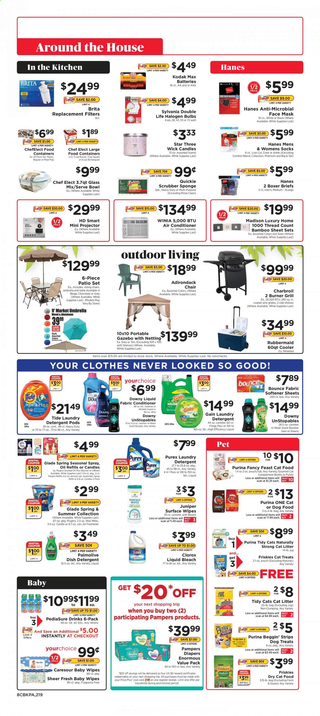 thumbnail - ShopRite Flyer - 05/02/2021 - 05/08/2021 - Sales products - strips, chocolate, oil, wipes, Pampers, baby wipes, nappies, detergent, Gain, bleach, Clorox, Tide, Unstopables, fabric softener, laundry detergent, Bounce, Purex, Downy Laundry, Palmolive, face mask, conditioner, sponge, cup, bowl, candle, air freshener, Glade, scented oil, bulb, Sylvania, cat litter, animal food, cat food, dog food, Purina, dry cat food, Beggin', Fancy Feast, Friskies, socks. Page 8.
