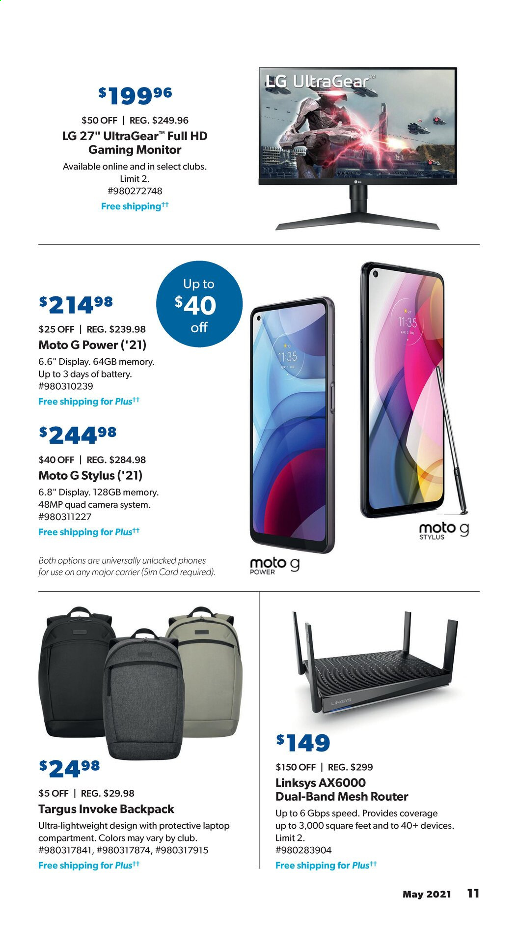 thumbnail - Sam's Club Flyer - 05/08/2021 - 05/16/2021 - Sales products - LG, battery, Linksys, wifi router, laptop, monitor, camera, backpack. Page 11.