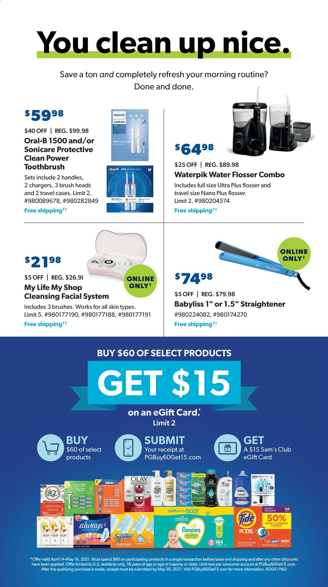 thumbnail - Sam's Club Flyer - 05/08/2021 - 05/16/2021 - Sales products - Pampers, Swiffer, Tide, toothbrush, Oral-B, Olay, Babyliss, Venus, Sonicare, straightener. Page 19.