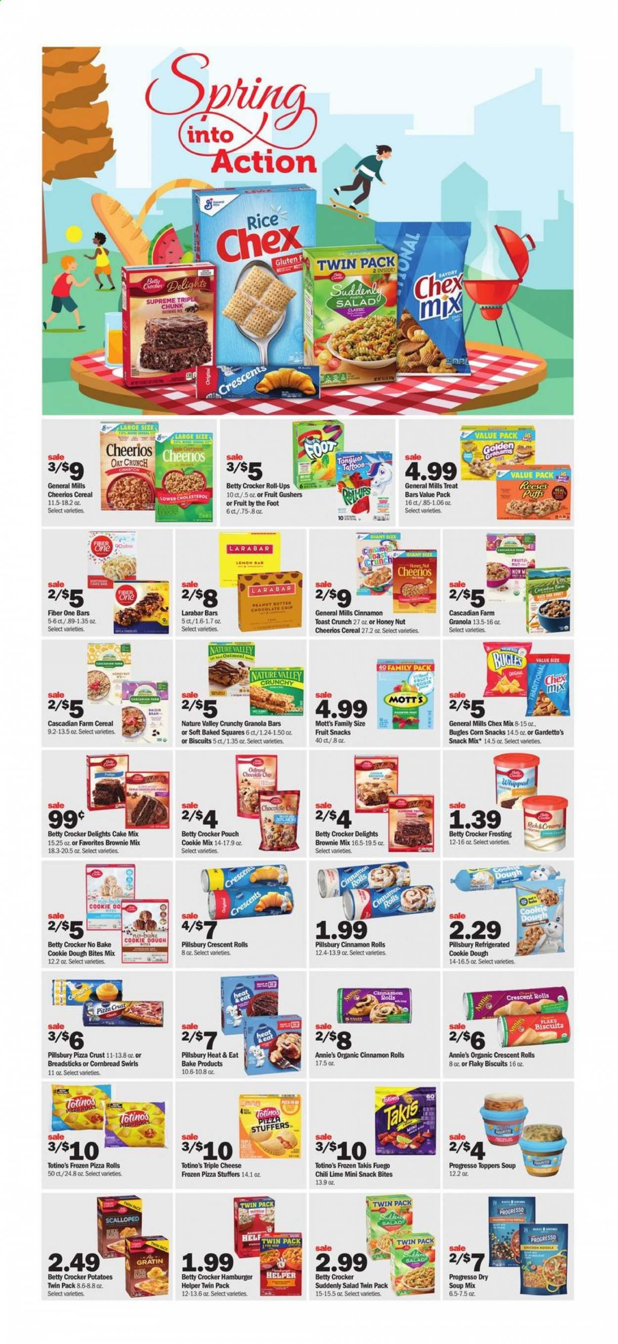 thumbnail - Meijer Flyer - 05/02/2021 - 05/08/2021 - Sales products - pizza rolls, cinnamon roll, crescent rolls, brownie mix, cake mix, corn, potatoes, salad, Mott's, pizza, soup mix, soup, Pillsbury, Progresso, Annie's, butter, Reese's, cookie dough, fudge, chocolate chips, biscuit, fruit snack, bread sticks, Chex Mix, frosting, oats, cereals, Cheerios, granola bar, Nature Valley, Fiber One, rice, pan. Page 7.