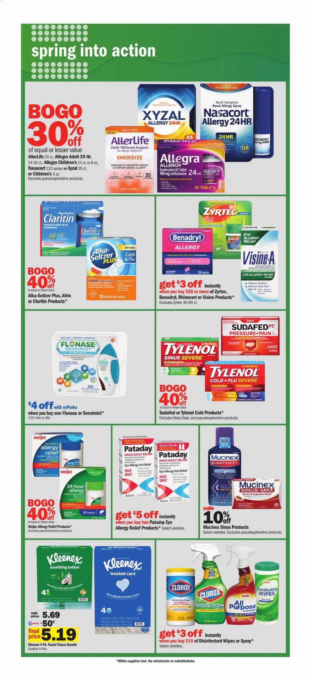 thumbnail - Meijer Flyer - 05/02/2021 - 05/08/2021 - Sales products - tea, wipes, Kleenex, tissues, cleaner, desinfection, all purpose cleaner, Clorox, body lotion, Afrin, Cold & Flu, Mucinex, Sudafed, Tylenol, Zyrtec, Alka-seltzer, allergy relief. Page 17.