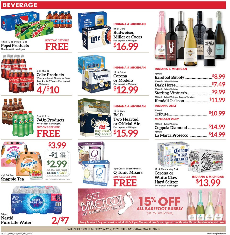 thumbnail - Martin’s Flyer - 05/02/2021 - 05/08/2021 - Sales products - Nestlé, rice, Pepsi, tonic, 7UP, Snapple, Club Soda, Pure Life Water, tea, prosecco, White Claw, Hard Seltzer, beer, Budweiser, Coors, ginger beer, Corona Extra, Miller, Modelo. Page 10.