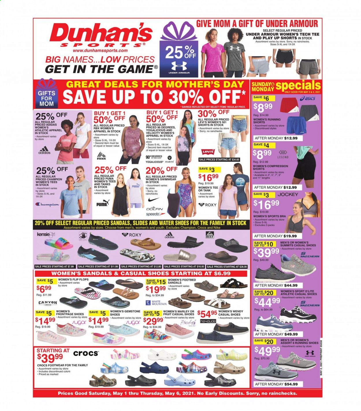 thumbnail - Dunham's Sports Flyer - 05/01/2021 - 05/06/2021 - Sales products - Adidas, sandals, shoes, slides, Under Armour, Puma, Nike, flip flops, Skechers, RBX, Roxy, Levi's, shorts, swimming suit, running shoes, Speedo, bra. Page 1.