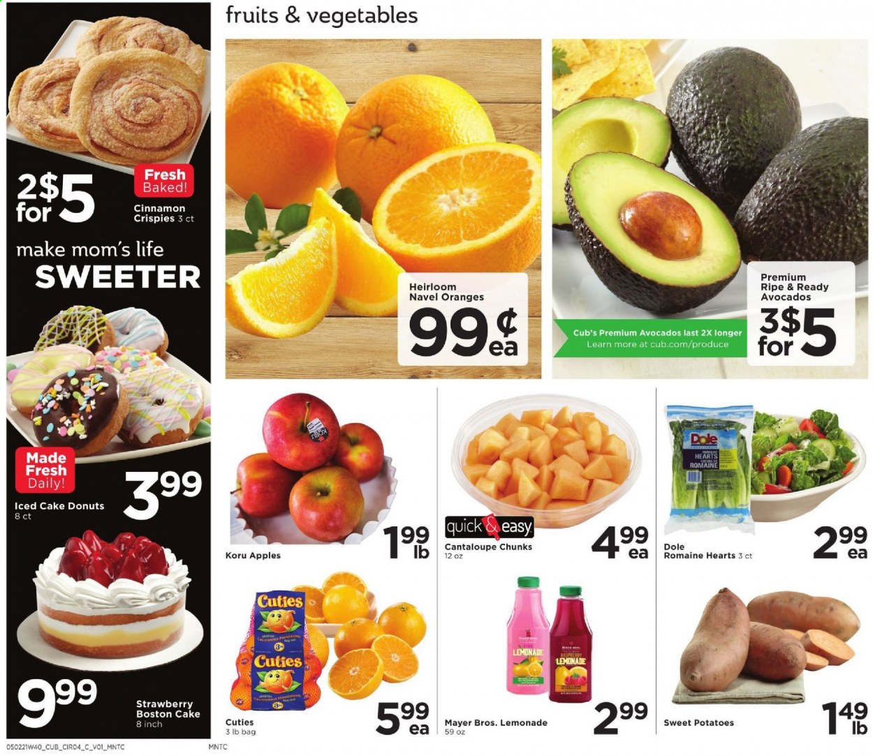 thumbnail - Cub Foods Flyer - 05/02/2021 - 05/08/2021 - Sales products - cake, donut, cantaloupe, sweet potato, potatoes, Dole, apples, avocado, oranges, cinnamon, lemonade, navel oranges. Page 4.