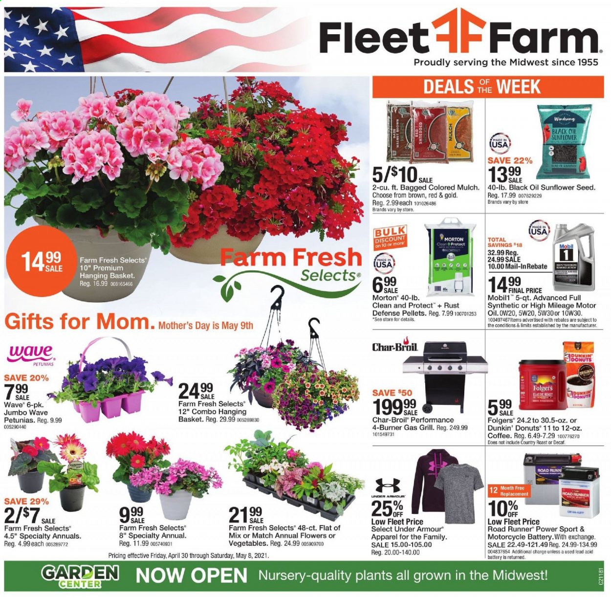 thumbnail - Fleet Farm Flyer - 04/30/2021 - 05/08/2021 - Sales products - Under Armour, donut, Dunkin' Donuts, oil, coffee, Folgers, WAVE, basket, motorcycle, gas grill, grill, plant seeds, garden mulch. Page 1.